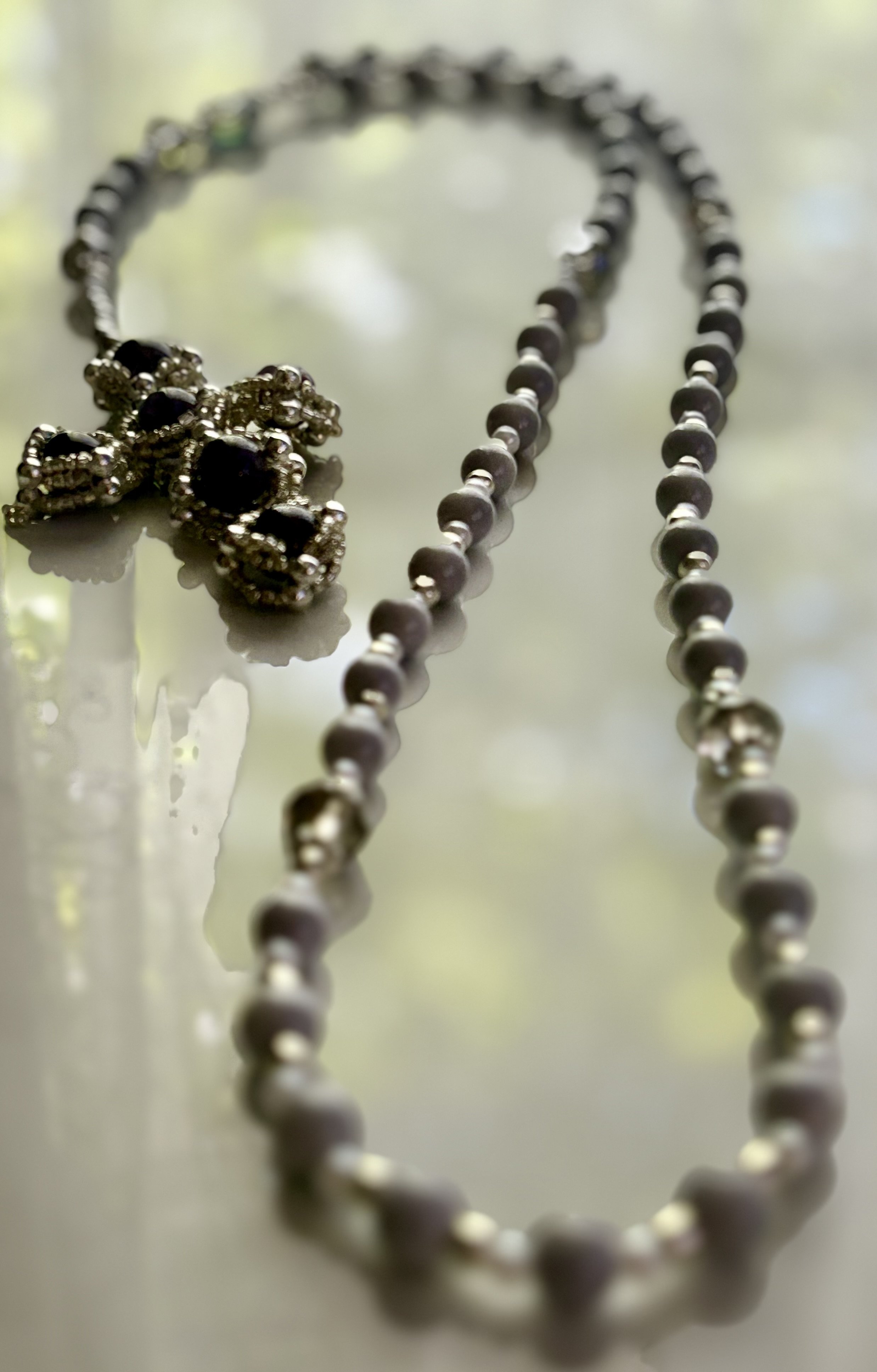 Handmade Lavender Gray & White Pearl-Like Rosary – 24” with Amethyst Beaded Cross
