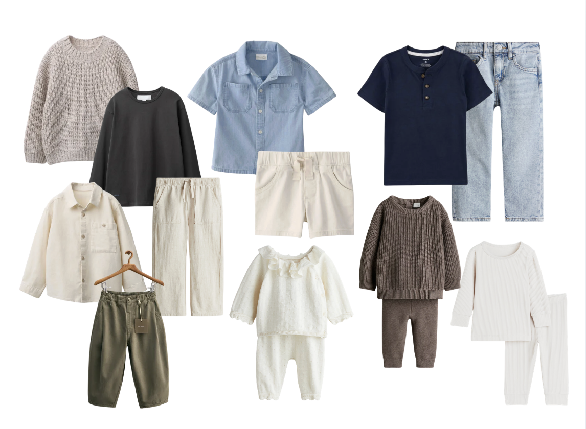 Collection of children's casual clothing including sweaters, shirts, shorts, pants, a denim jacket, and pajamas in neutral and earthy tones.