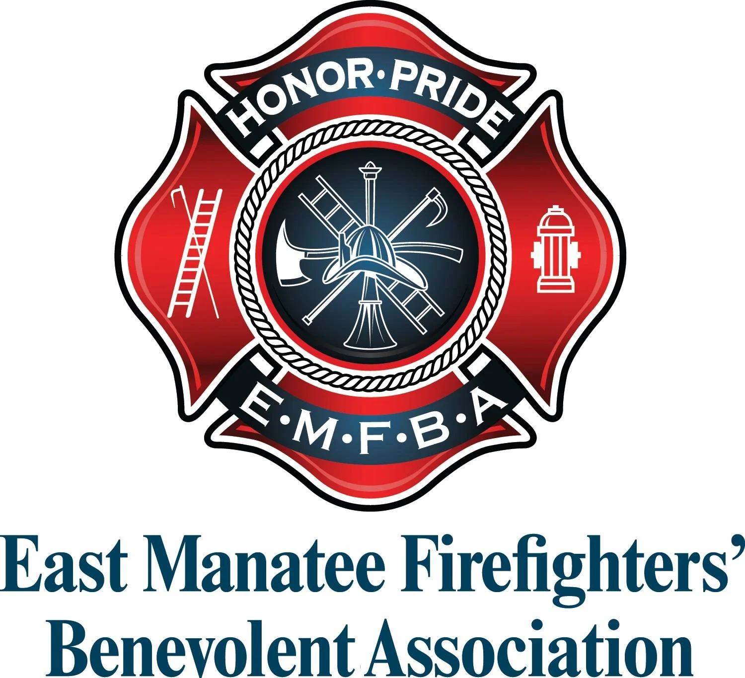 Logo of East Manatee Firefighters Benevolent Association featuring a firefighter badge with firefighting tools, ladder, hydrant, and the words 'Honor Pride' and 'E.M.F.B.A.' underneath.