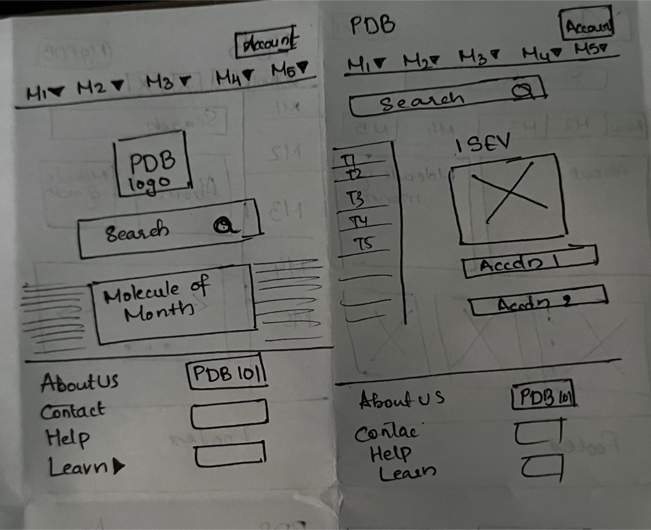 Pen and paper mockup of a redesign for PDB