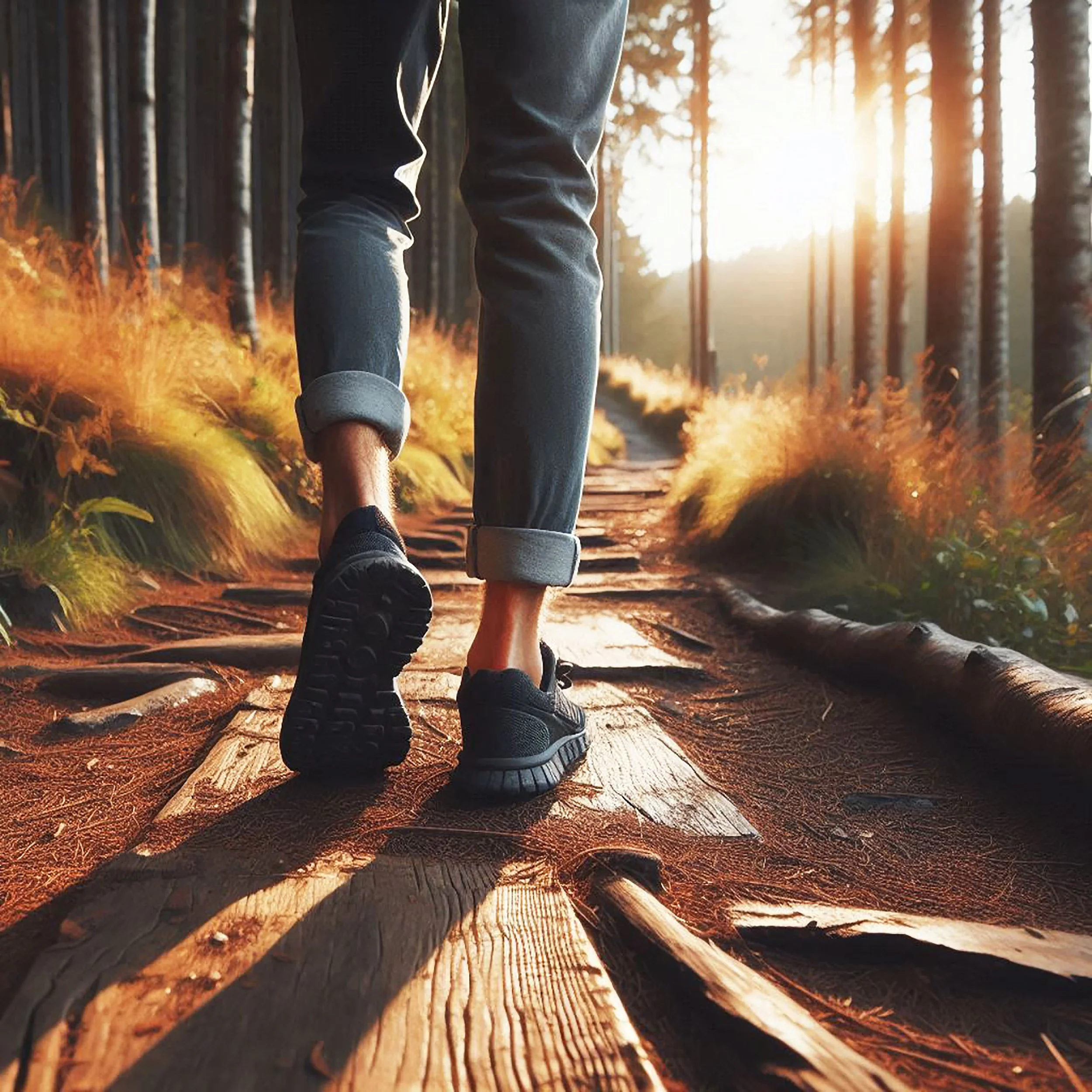 Person walking on a wooden trail in a forest during sunset, wearing rolled-up jeans and black sneakers.