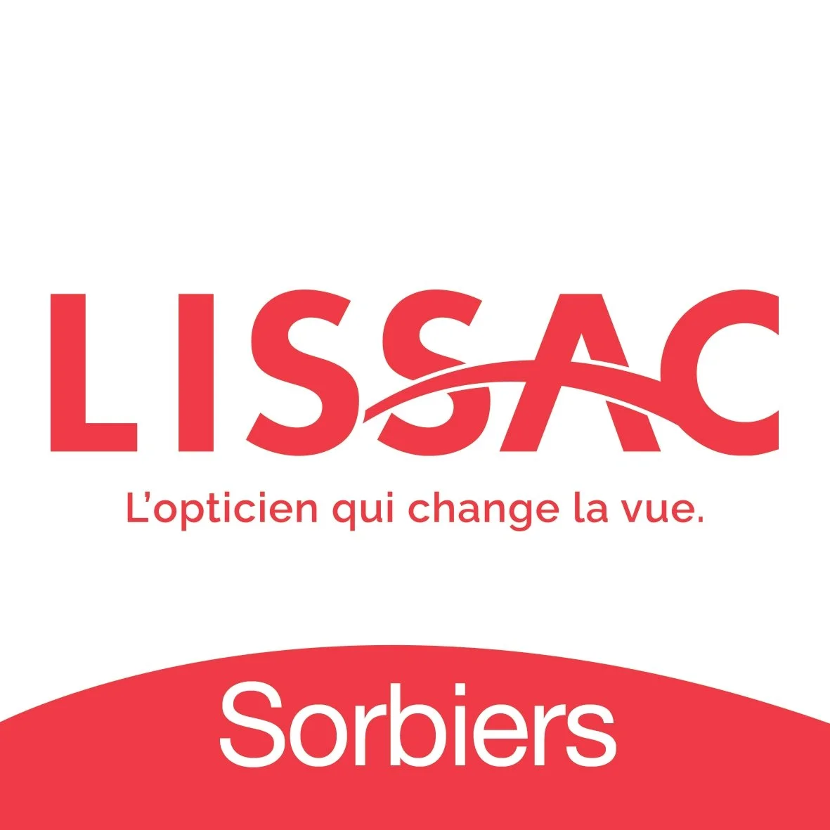 Logo de LISSAC avec le slogan "L'opticien qui change la vue" et la localisation "Sorbiers" en rouge et blanc.