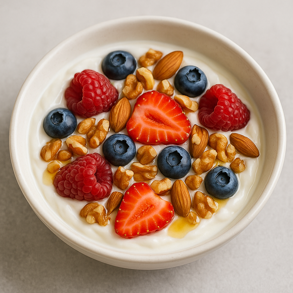 Greek yogurt with nuts, honey, and berries