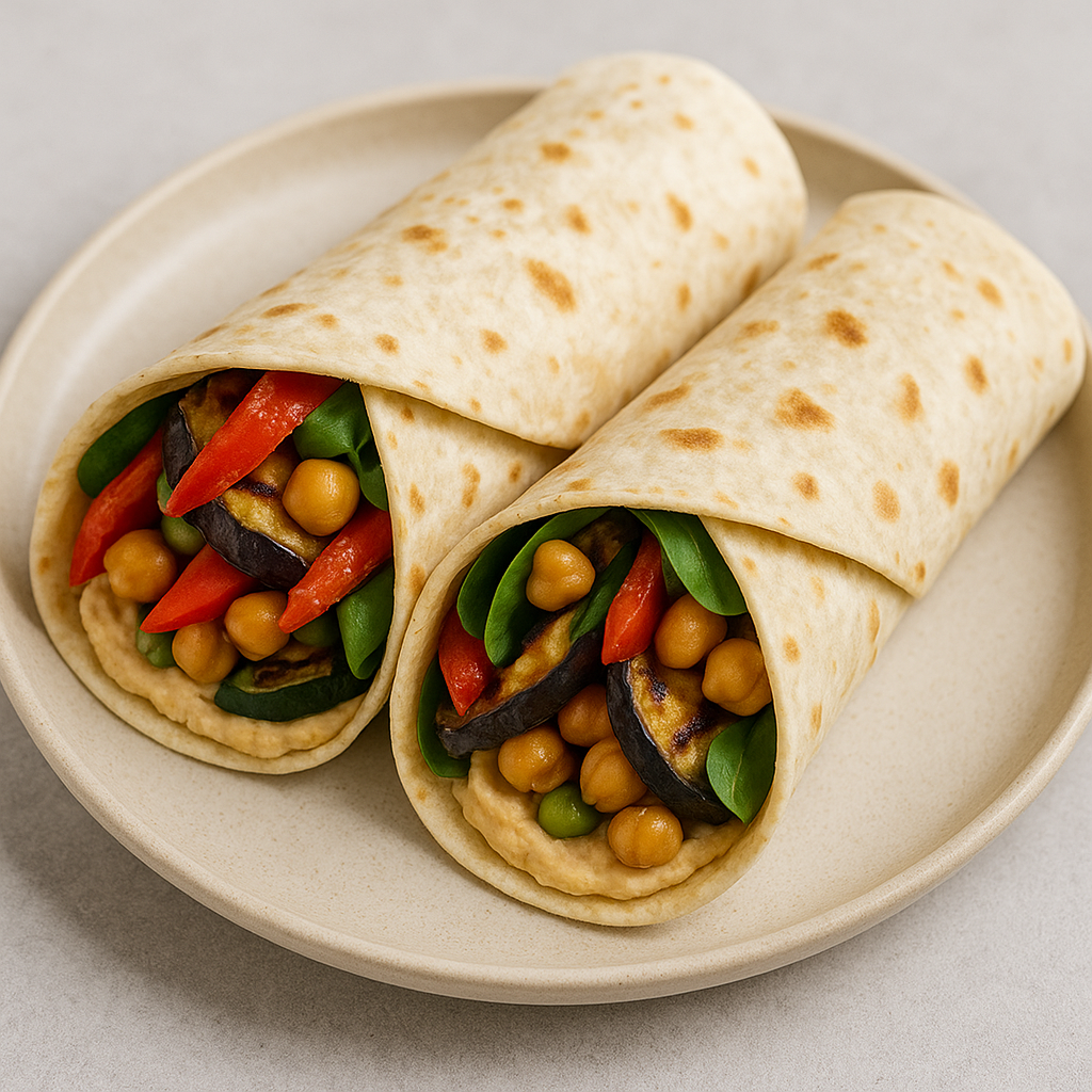 Wraps with hummus, grilled vegetables, and chickpeas