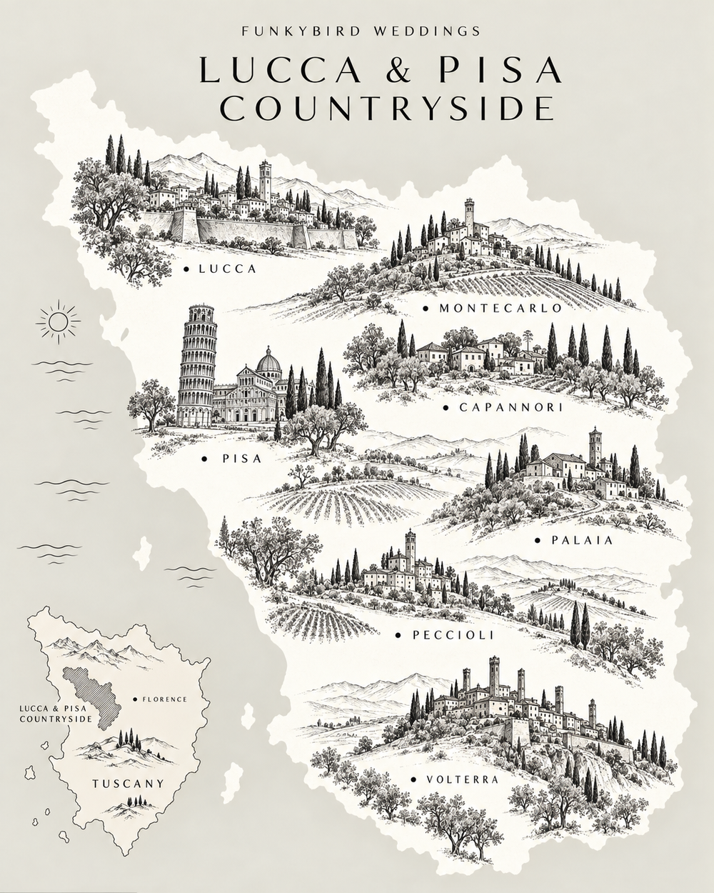 Kaart van Lucca en Pisa met het omliggende Toscaanse platteland
