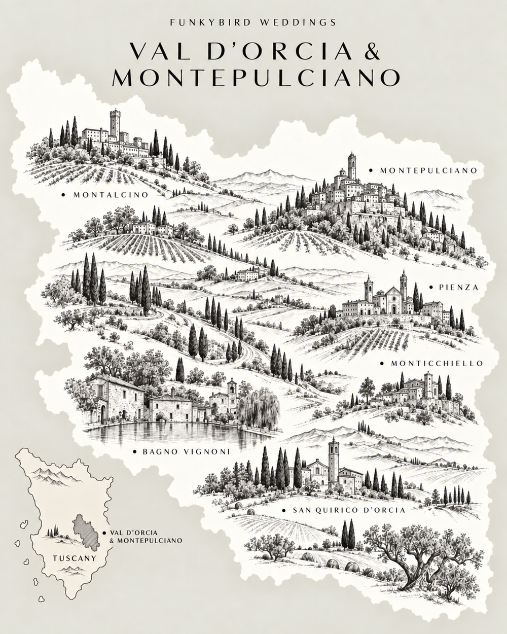 Kaart van Val d’Orcia en Montepulciano met bekende trouwgebieden in Zuid-Toscane