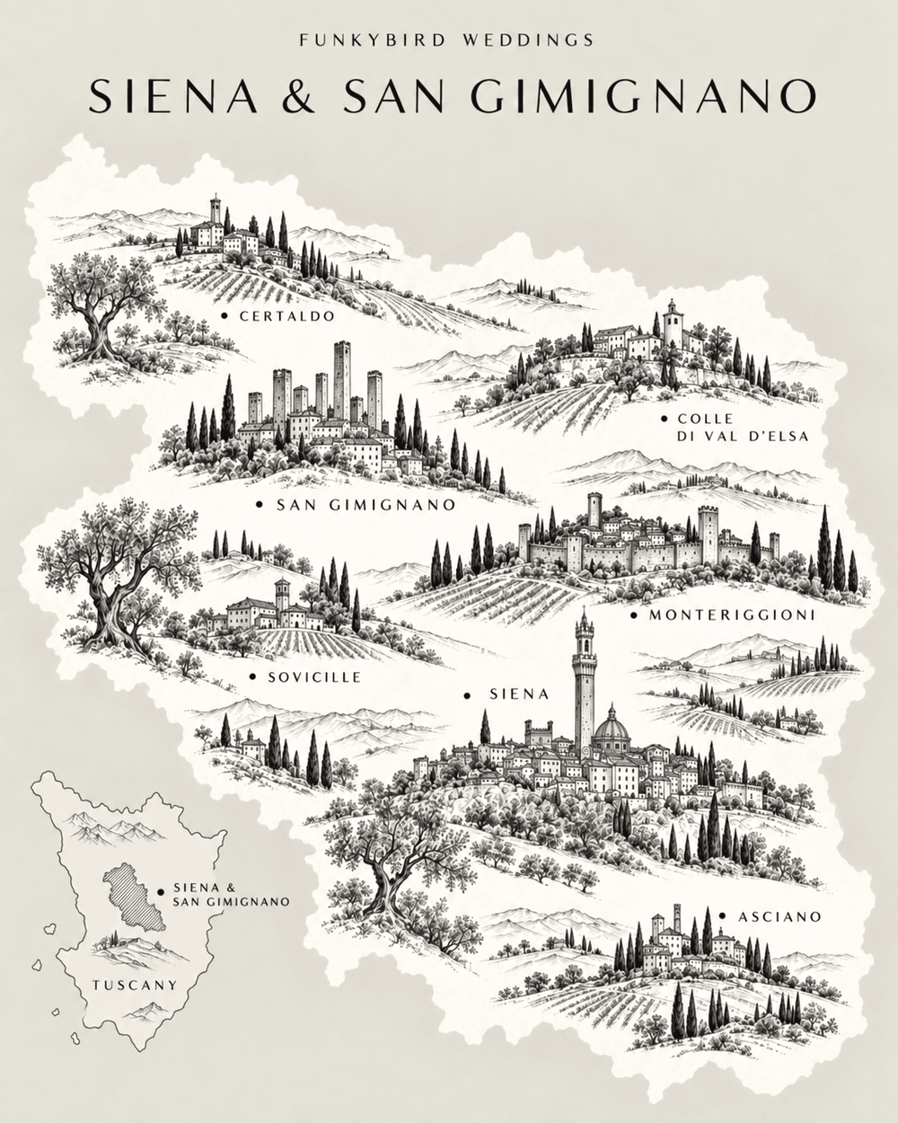Kaart van Siena en San Gimignano met plaatsen voor bruiloften in Toscane