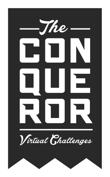 Logo for 'The Conqueror Virtual Challenges' with black background and white text.