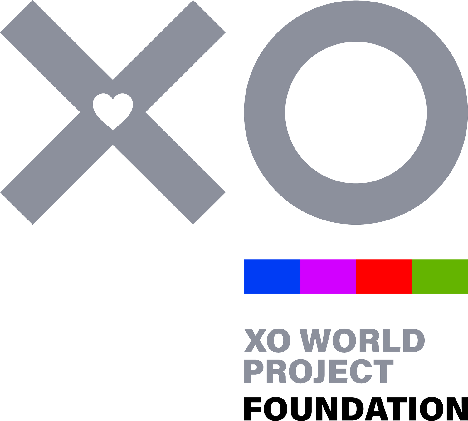 Logo of XO World Project Foundation featuring large gray XO symbol with a small heart inside the left bar of the X, and the words "XO WORLD PROJECT FOUNDATION" below, with a color bar in blue, pink, red, and green.