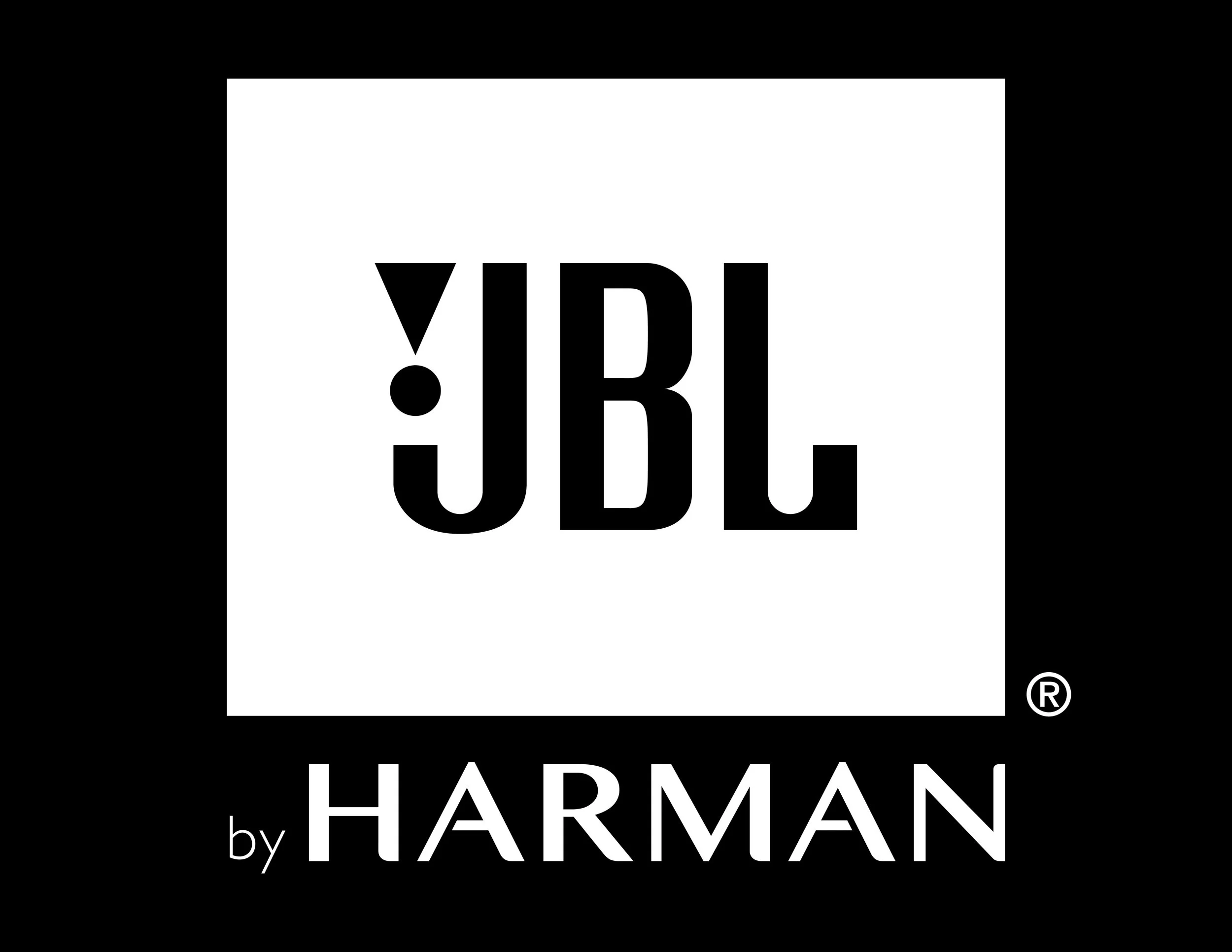 JBL logo with black background and white text, by HARMAN