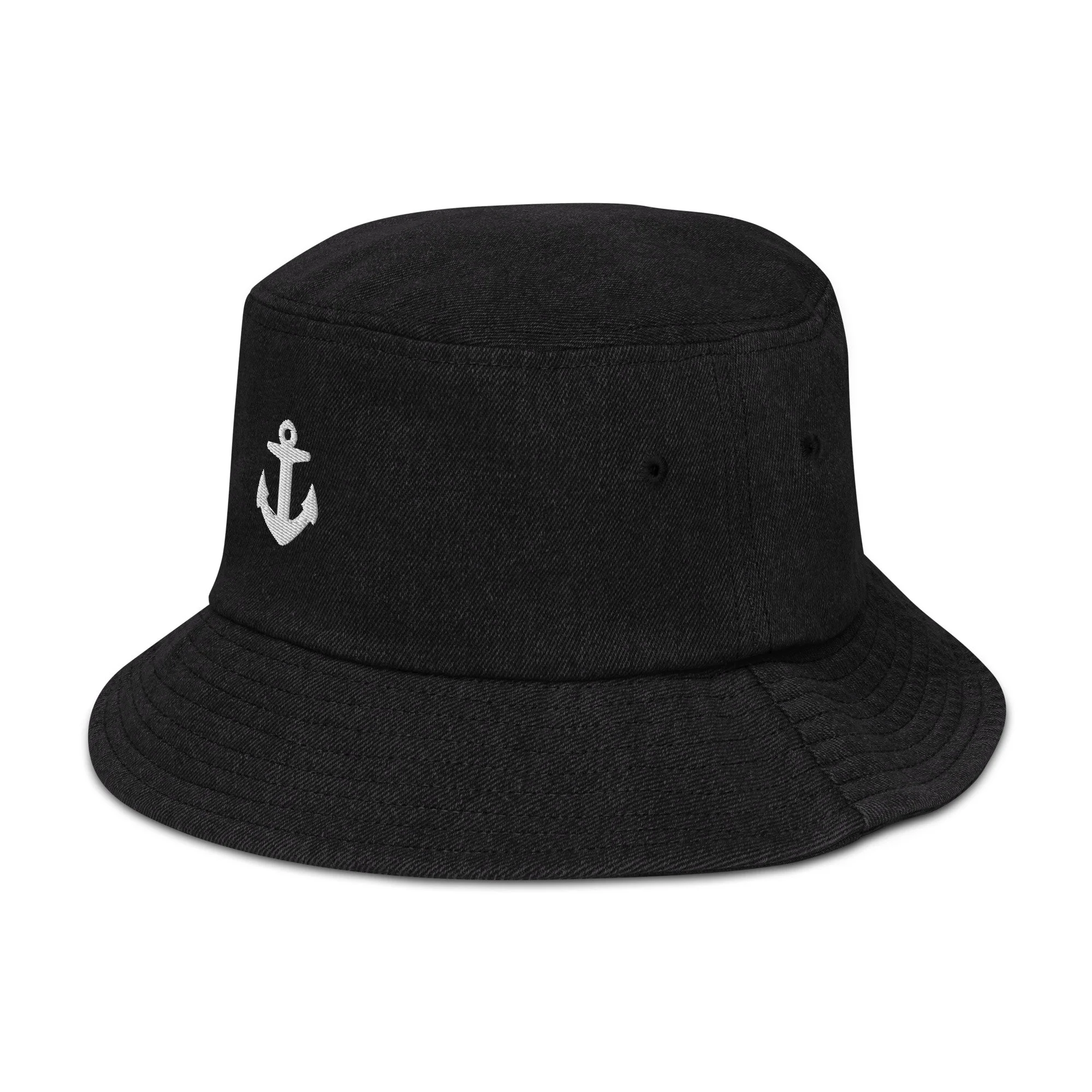 Denim bucket hat with embroidered anchor