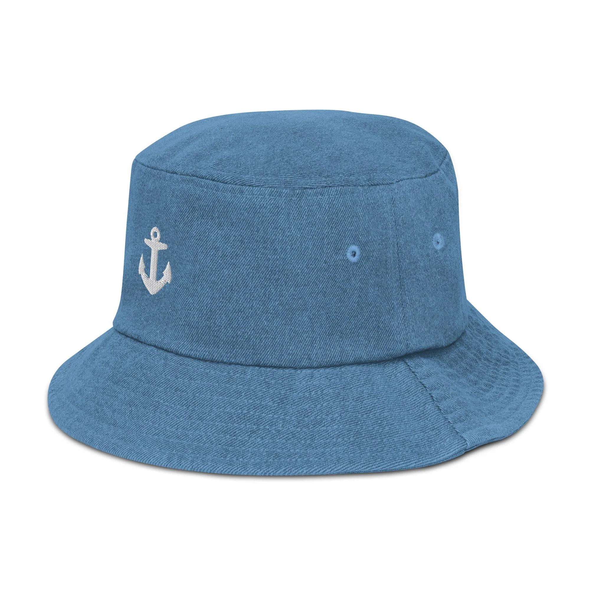 Denim bucket hat with embroidered anchor