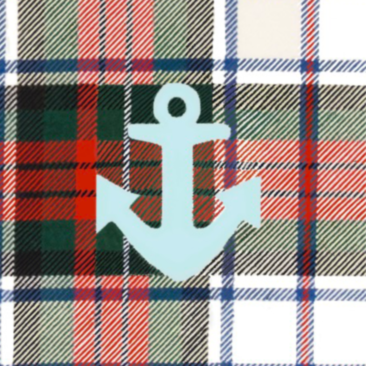 White anchor symbol over a red, green, black, navy, white, and beige plaid pattern background.