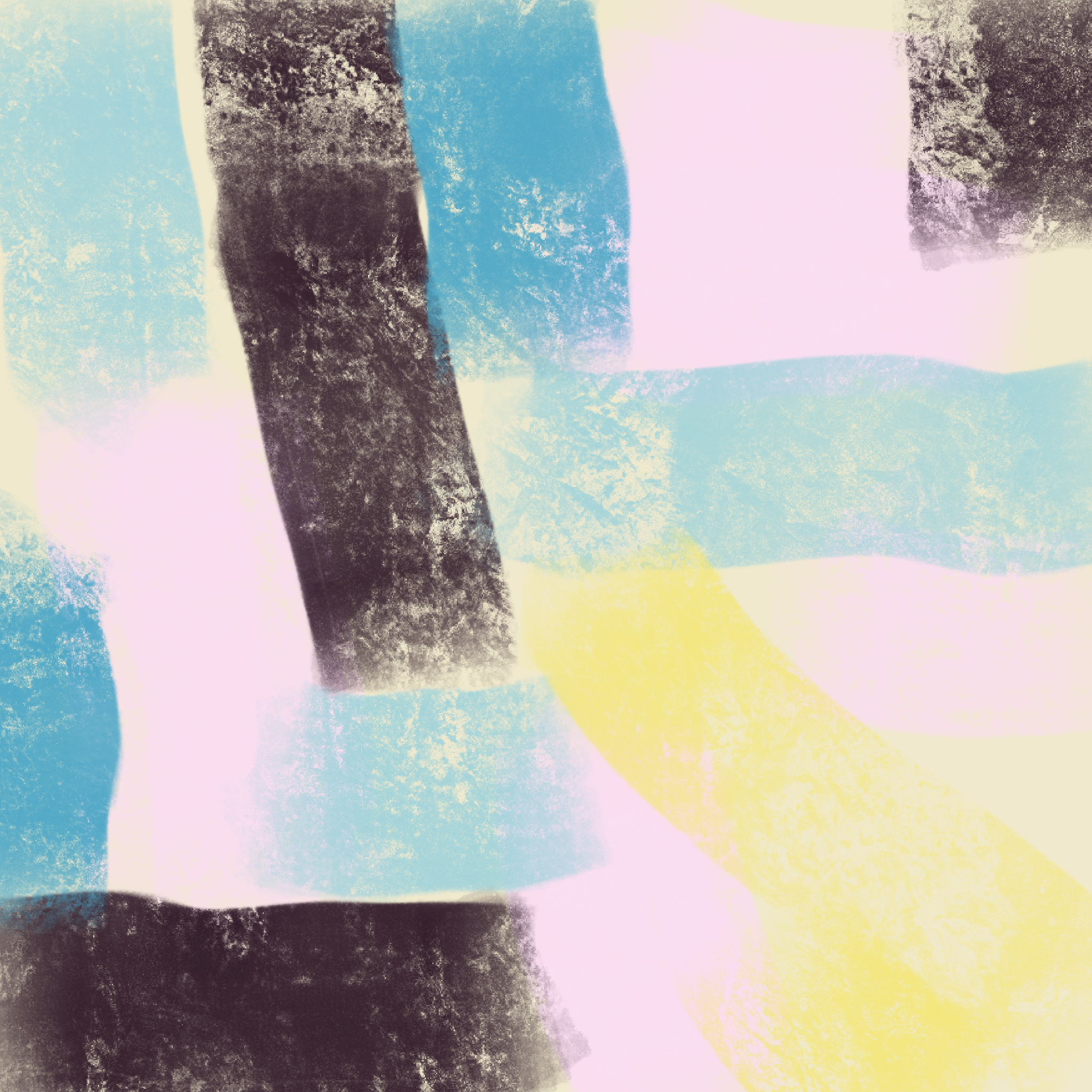 Abstract colorful painting with pastel and dark shades, featuring black and gray smudges, blue, pink, yellow, and white patches and textures.