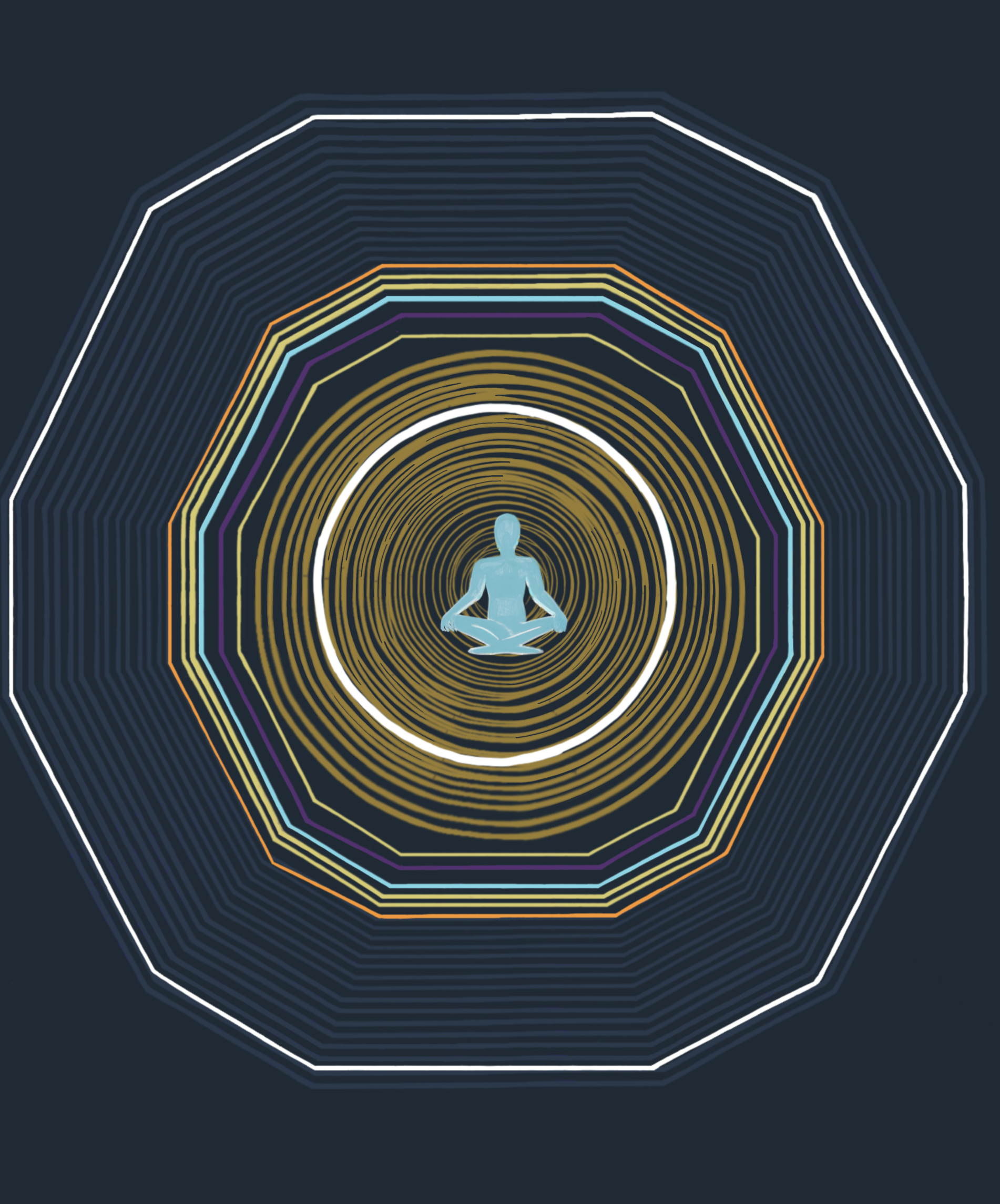 A digital illustration of a person meditating in a lotus position, surrounded by concentric circles and radiating lines in shades of yellow, white, and light blue against a dark background, creating a sense of tranquility and mindfulness.