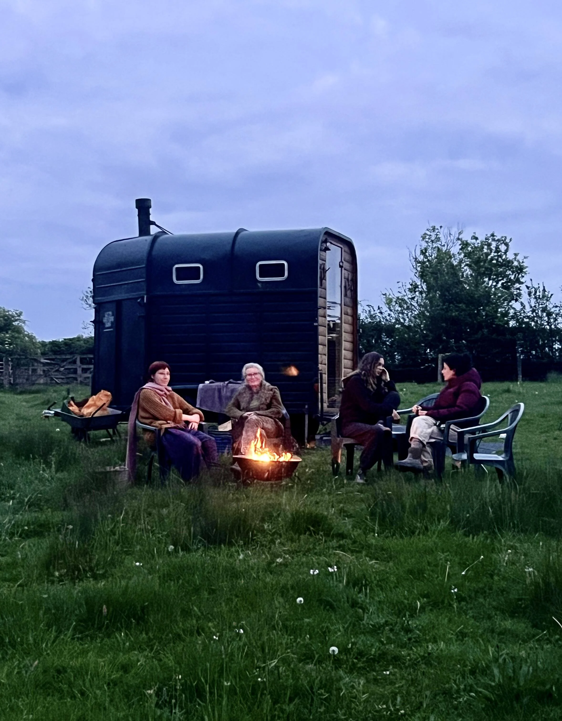 People sitting around a campfire on a grassy field, with a black tiny house and trees in the background, during dusk or early evening.