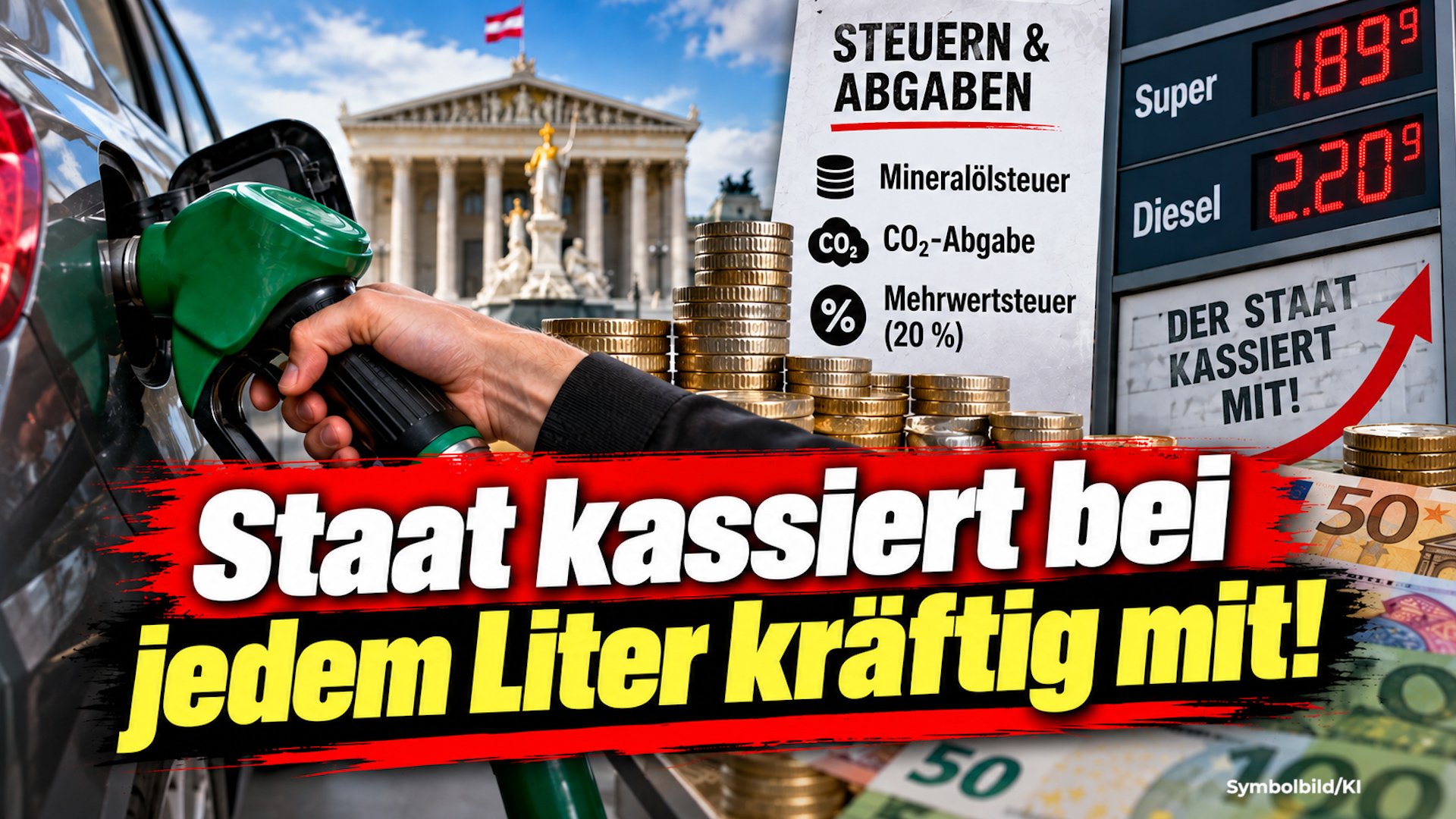 Der Staat kassiert bei jedem Liter kräftig mit! - Agenda-Austria-Rechnung zeigt, wie der Preis ohne Steuern aussehen würde
