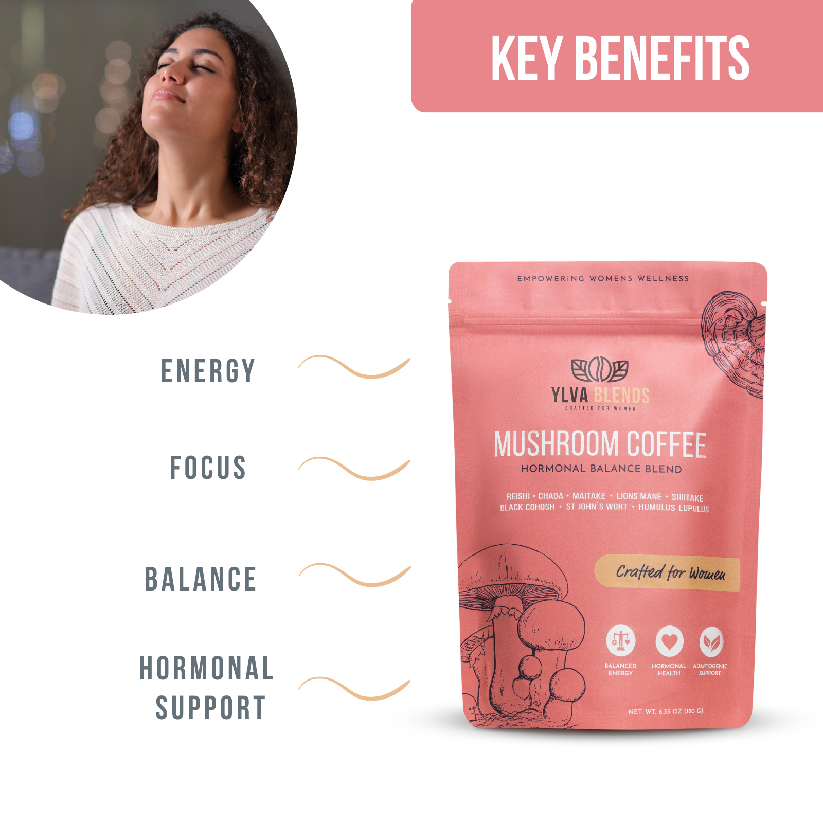 A woman with closed eyes smiling and looking relaxed. Next to her is a pink package of YLVA Blends Mushroom Coffee, with key benefits listed: energy, focus, balance, hormonal support. The package features illustrations of mushrooms and icons representing balancing energy, hormonal health, and adaptive support.