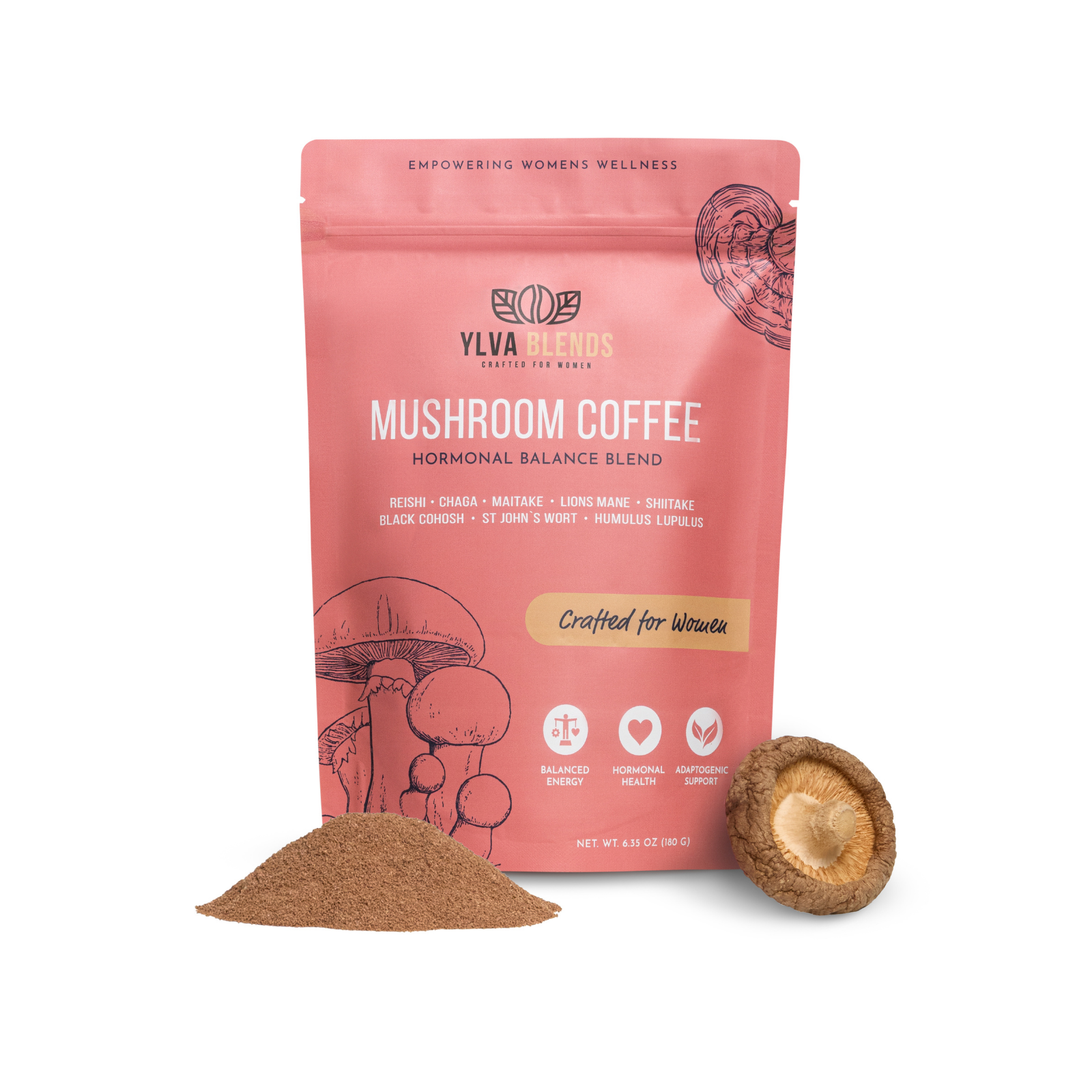 Pink package of mushroom coffee powder with illustrations of mushrooms, next to a pile of ground powder and a whole mushroom, promoting wellness and hormone balance.