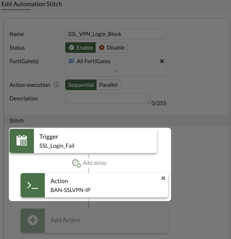 Automation stitch that triggers when SSL VPN login failures cross the threshold which runs a script to ban the offending IP