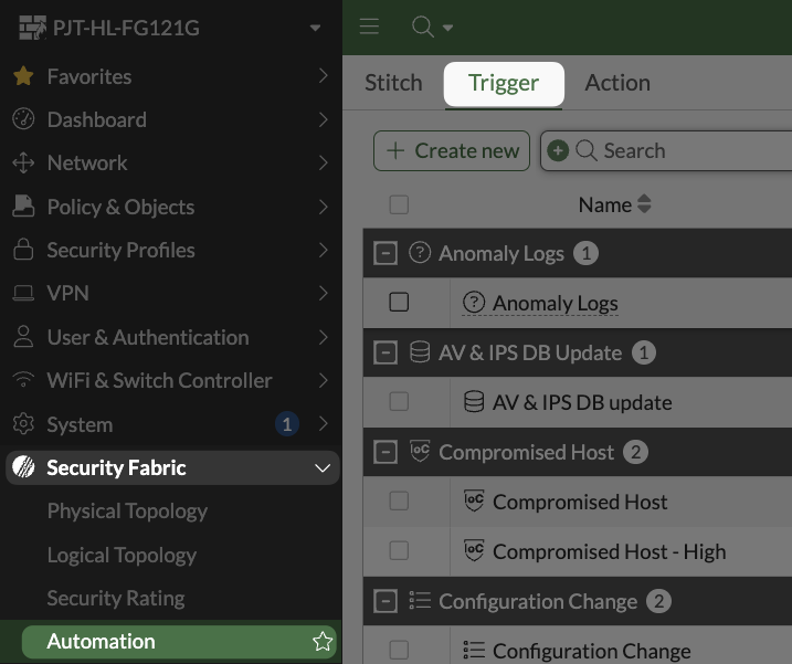 Where to find Security Fabric Automation triggers in a FortiGate GUI