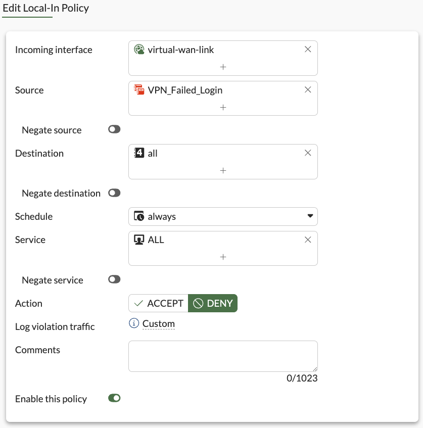 Block failed vpn logins local-in policy FortiGate