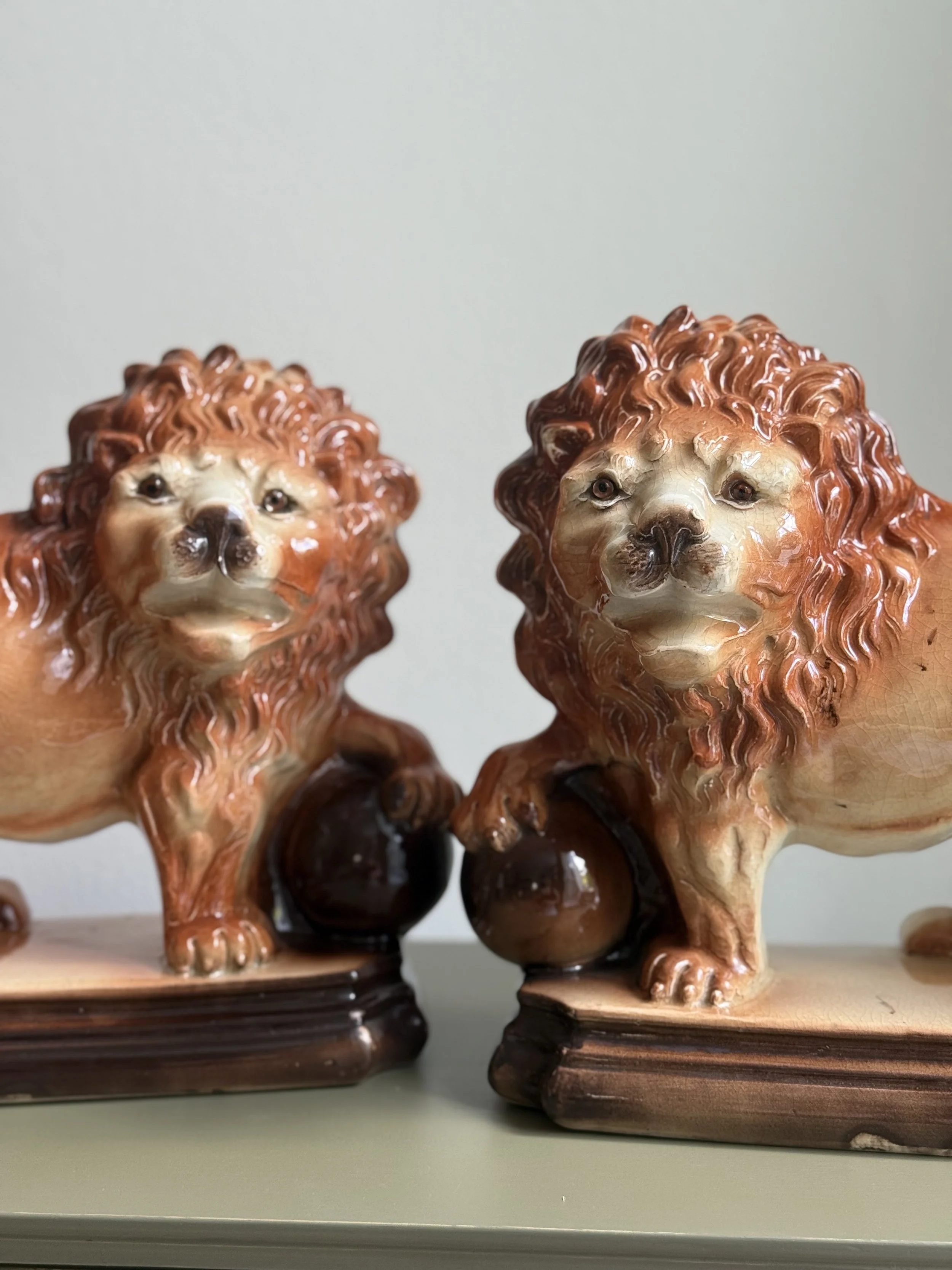 Pair of Antique Lancaster & Sons Glazed Pottery Medici Lions