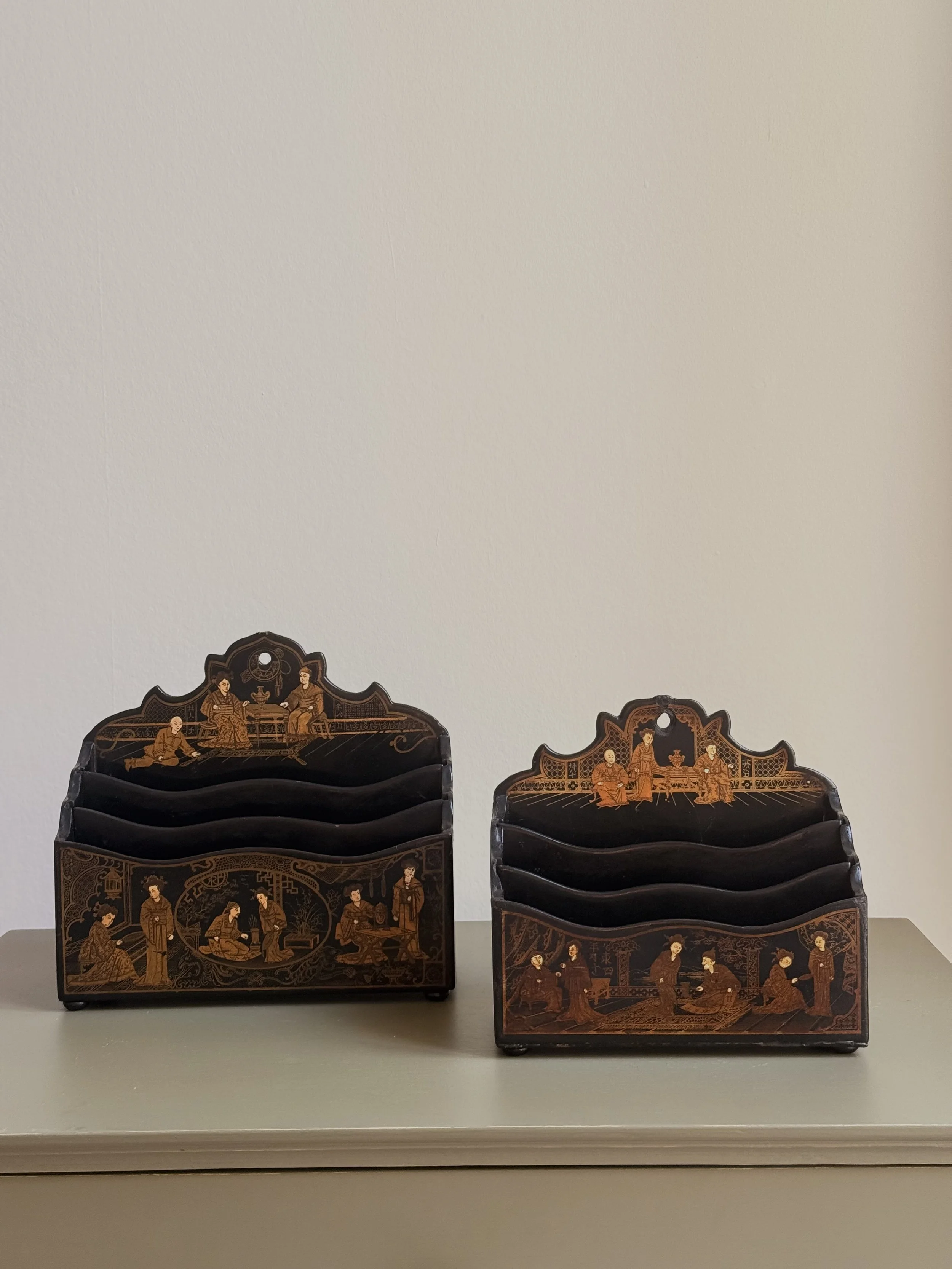 Antique Black Lacquer Chinoiserie Letter Racks with Gilt Figures