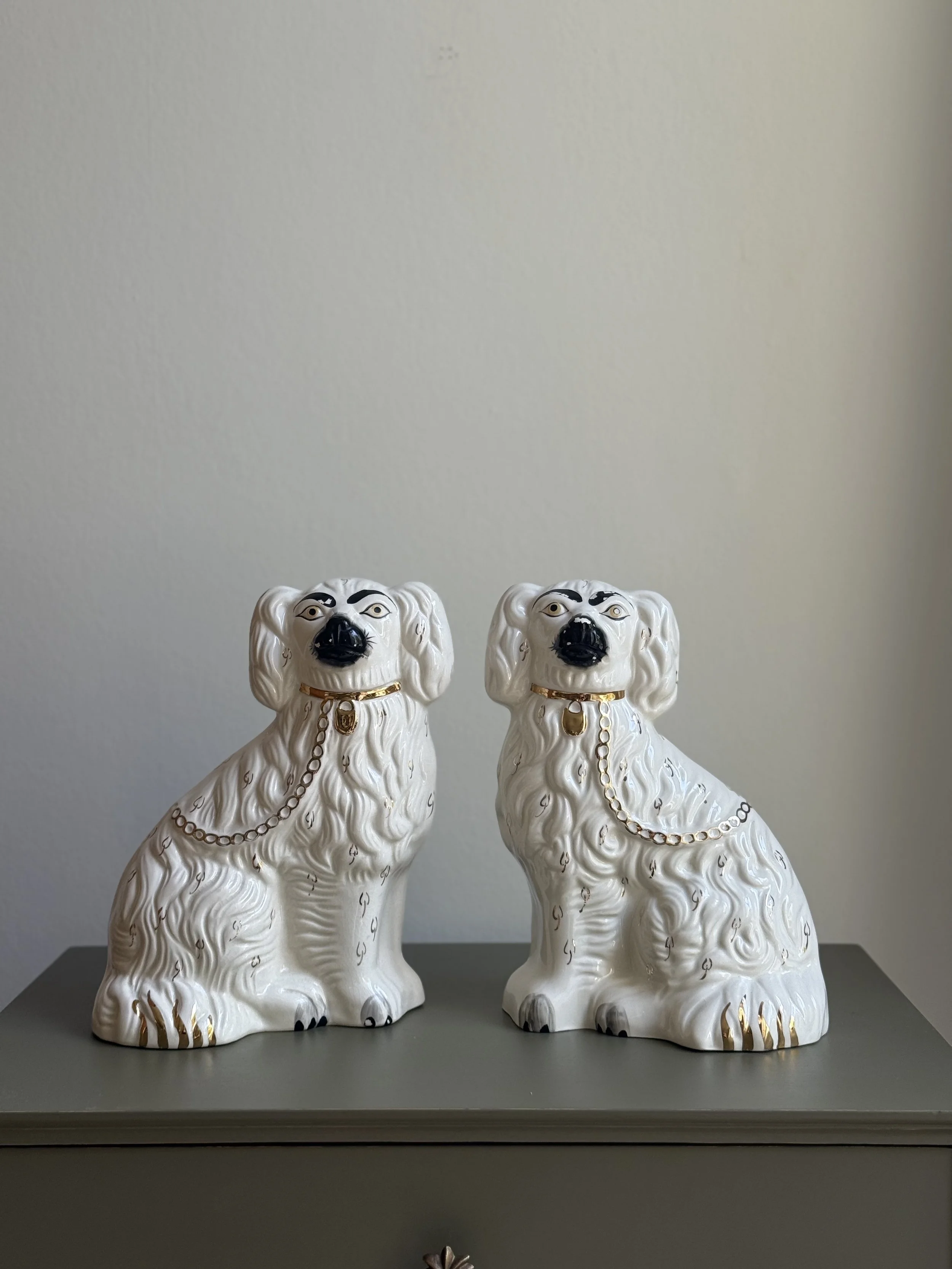 Pair of White Staffordshire Spaniel Dogs with Gilt Chains