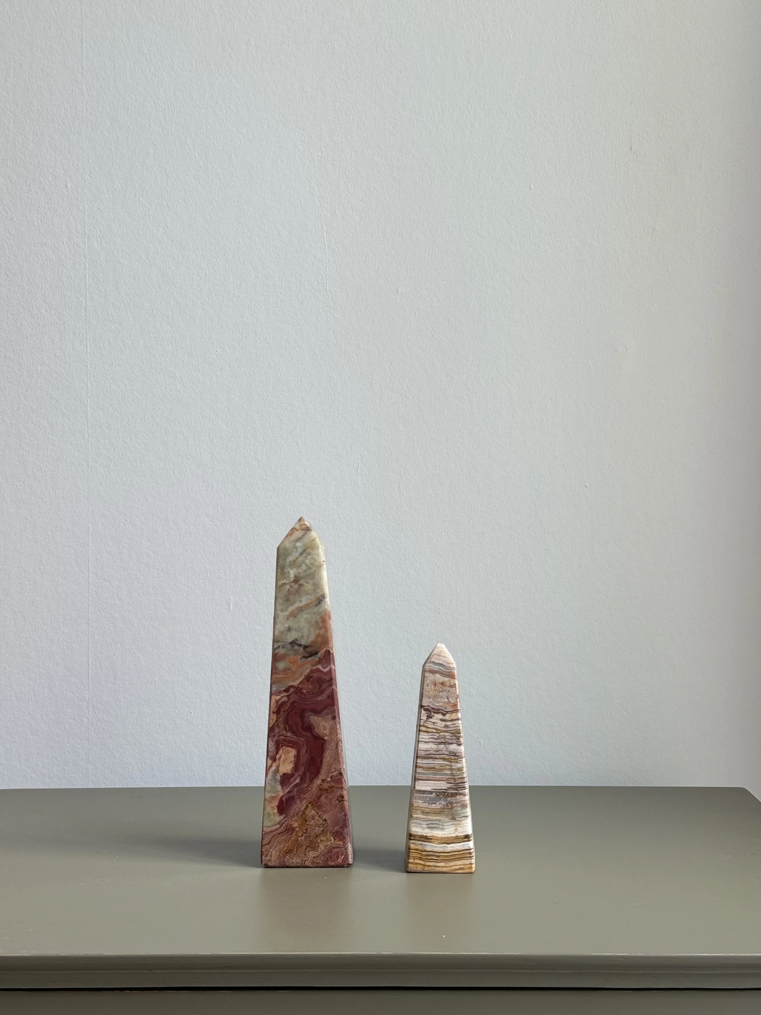 Pair of Decorative Banded Onyx Marble Obelisks