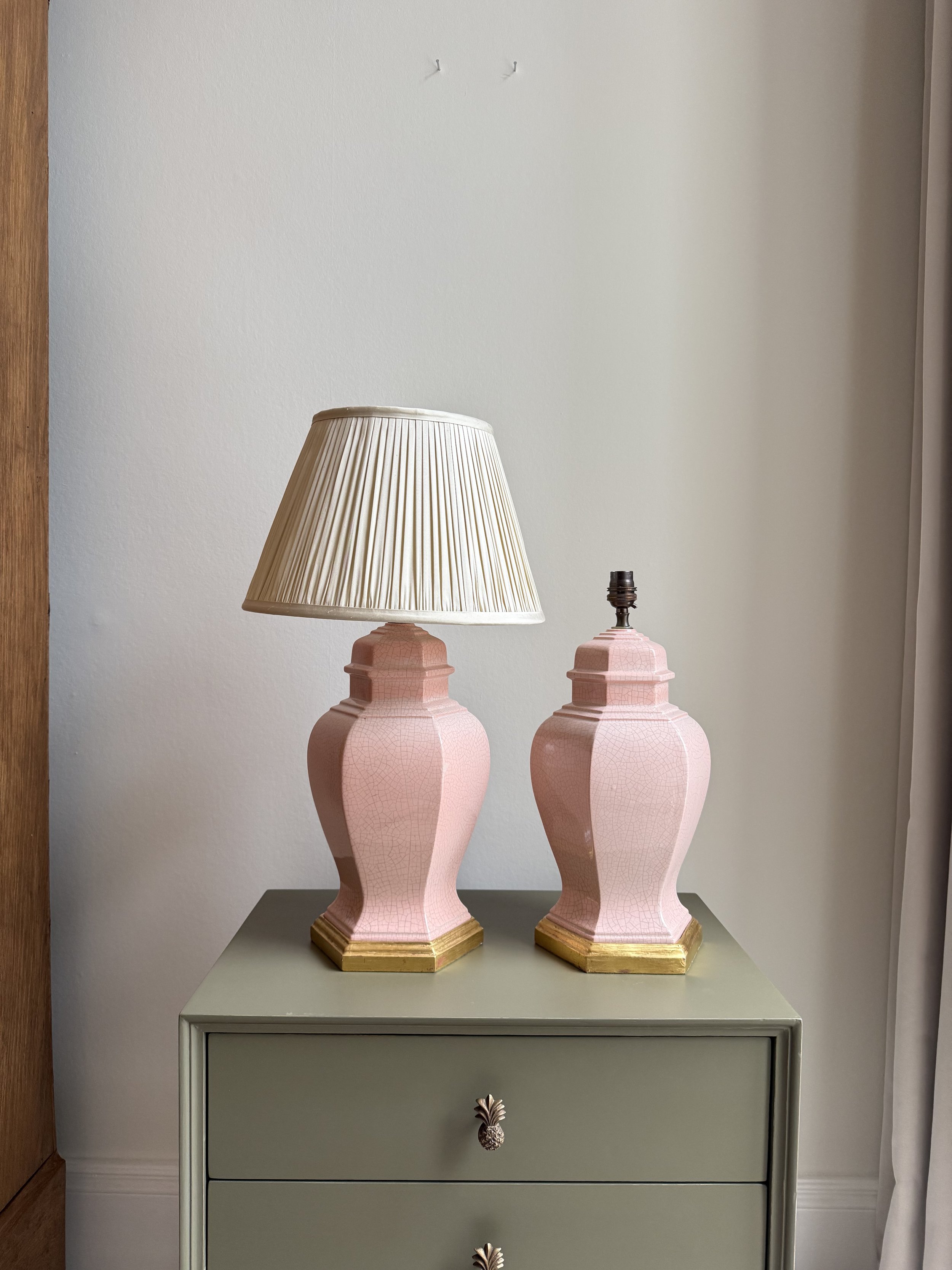 A Pair Of Pink Porcelain Crackled Lamps