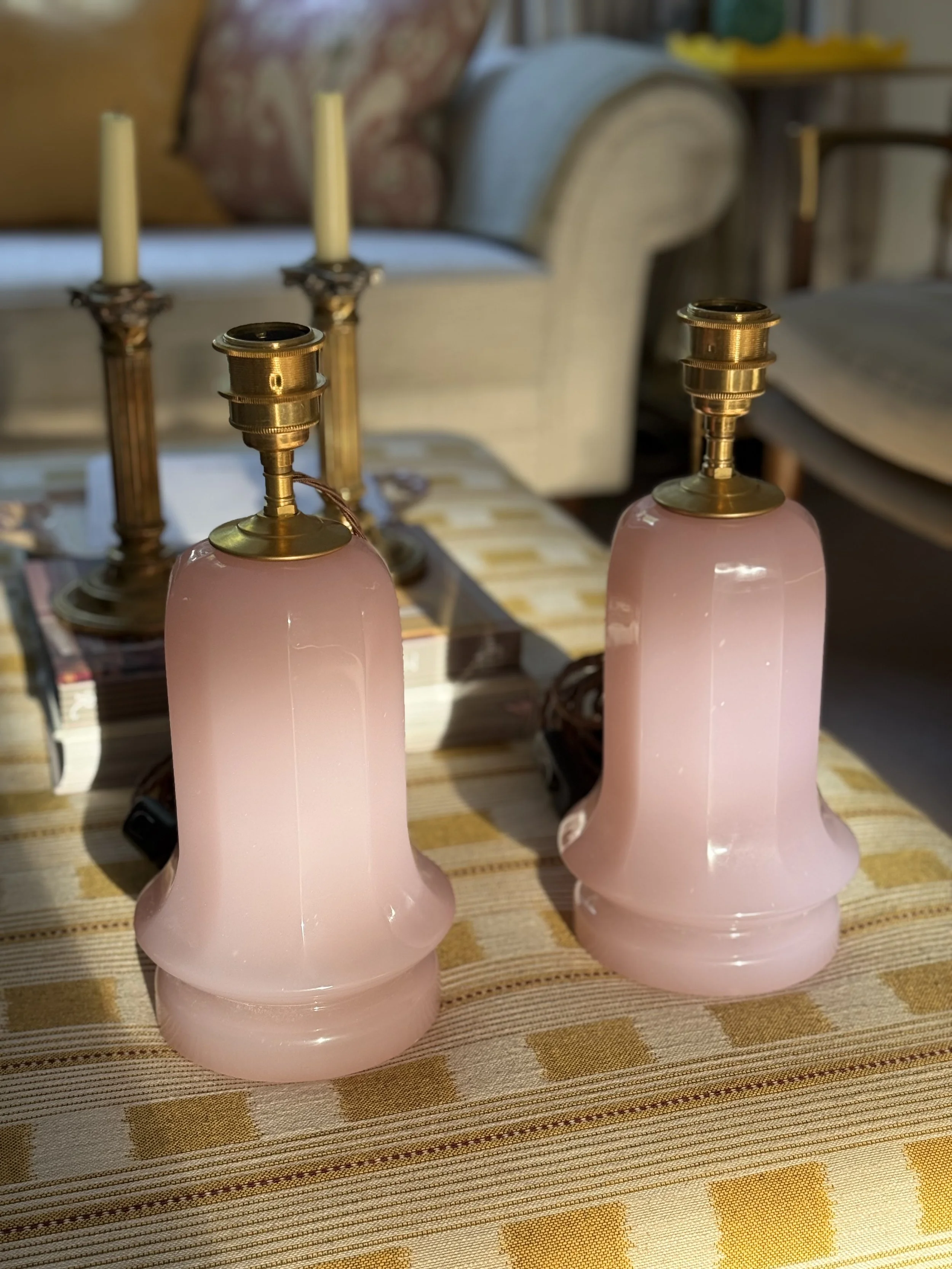 A Pair of Blush Pink Opaline Glass Table Lamps, Italy, ca 1960