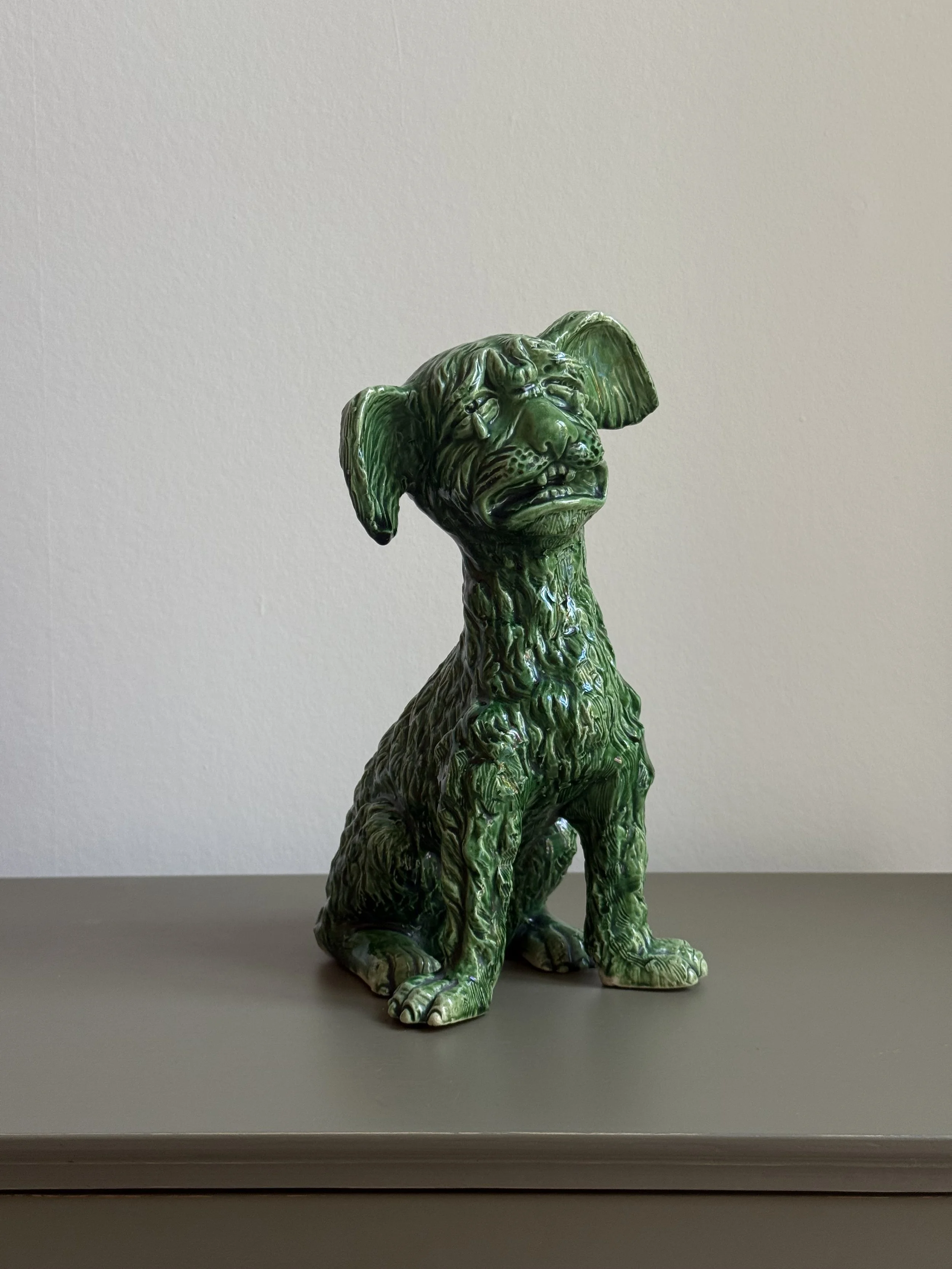 Green Glazed Pottery Seated Dog, Devon Pottery Aller Vale