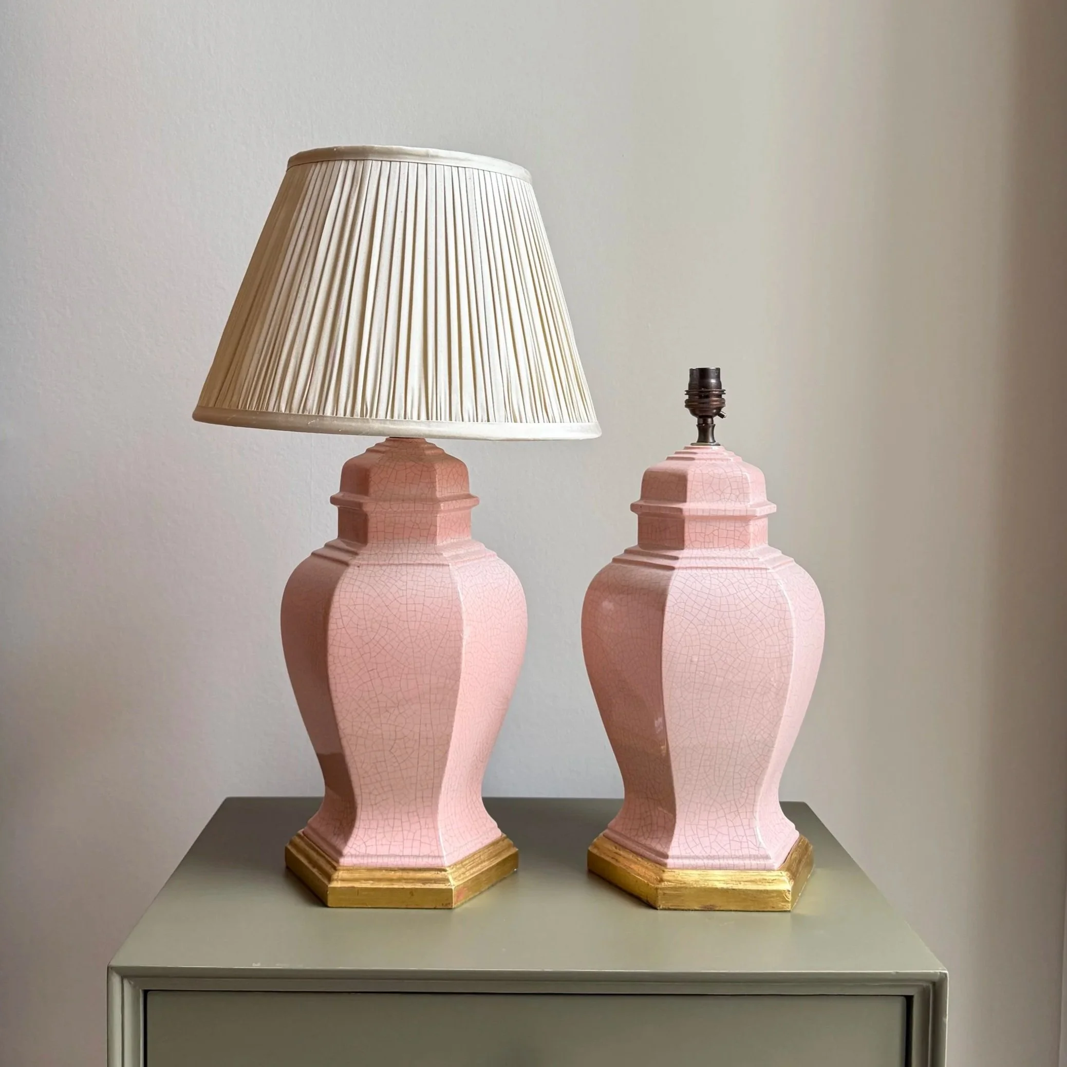 A Pair Of Pink Porcelain Crackled Lamps