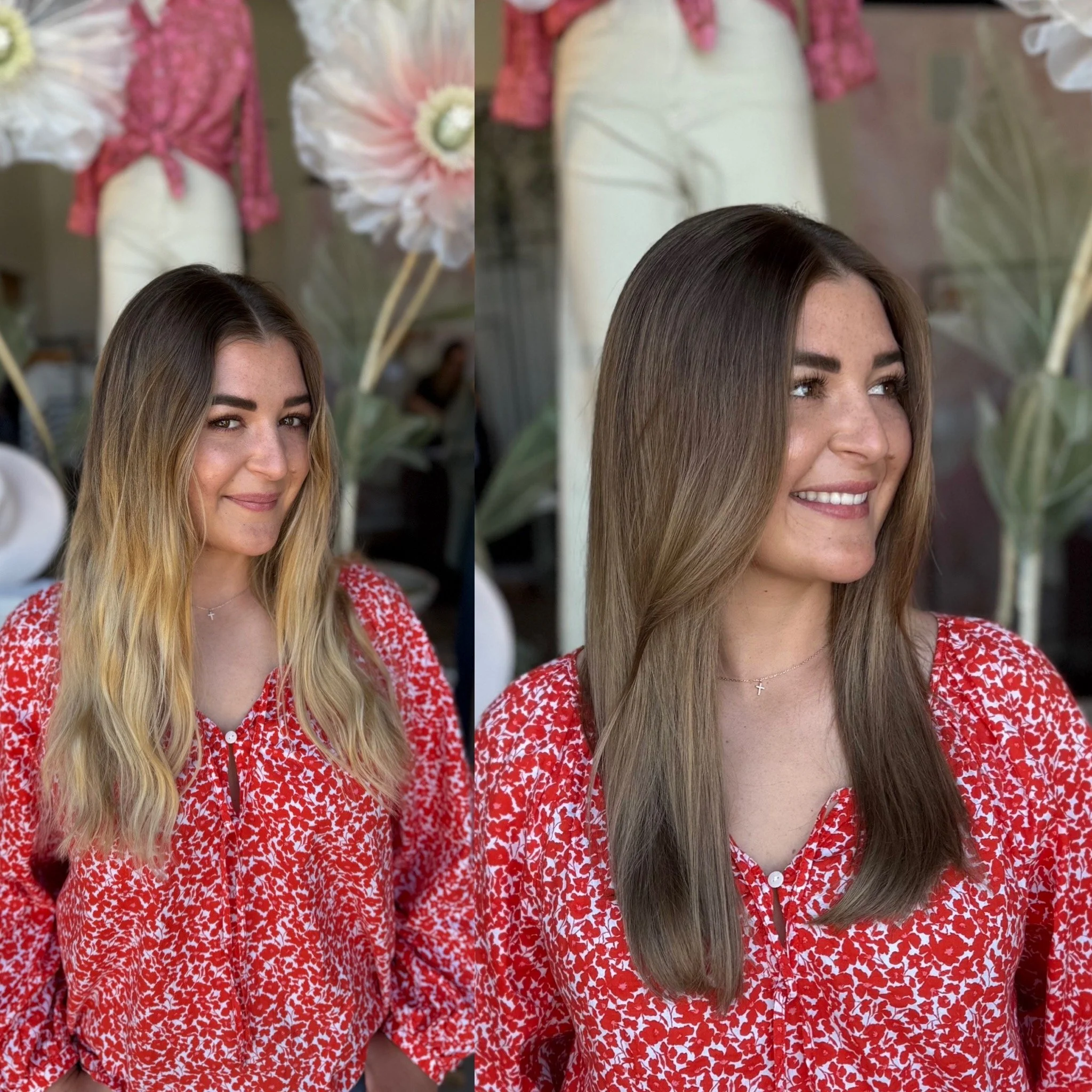 Before and after photo of a woman with long hair in a red floral shirt, showing her hair transformation.