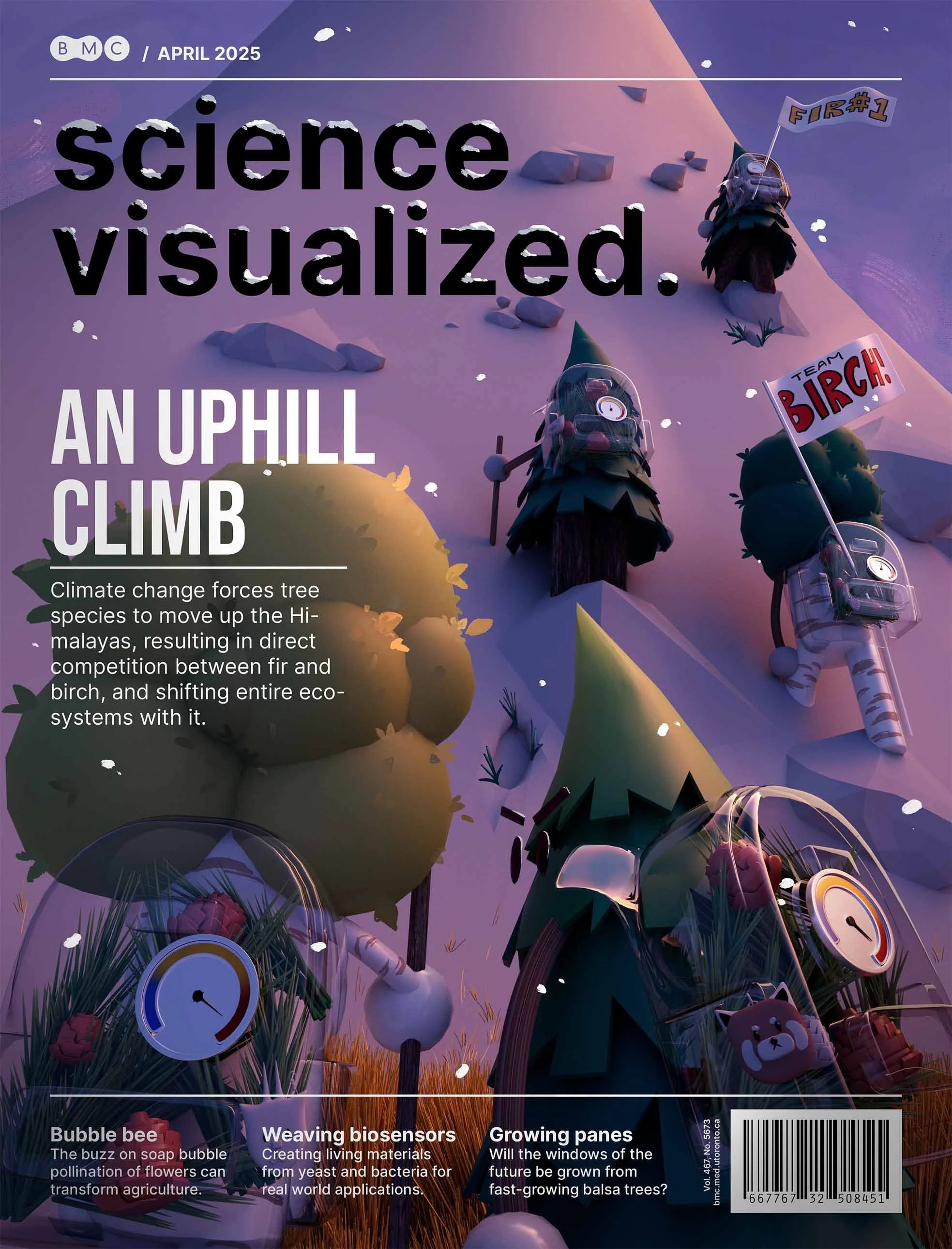 Cover of a magazine titled 'Science visualized' with the subtitle 'An uphill climb.' The background features a stylized, animated landscape with purple and pink hues, trees, rocks, and cartoon-like robots wearing helmets and backpacks, holding flags 
