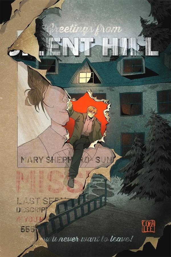 A book cover titled "Meeting up from Bent Hill" featuring an illustrated young man with blonde hair and a green jacket stepping through a torn paper opening, revealing a house and trees at night. The background includes a daytime profile of a woman a
