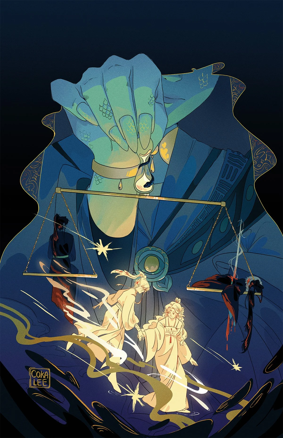 Digital illustration of fantasy characters, with a large figure in blue with green skin, long nails, and flowing clothing, holding scales with small figures and stars, with a dark background and stylized flames.