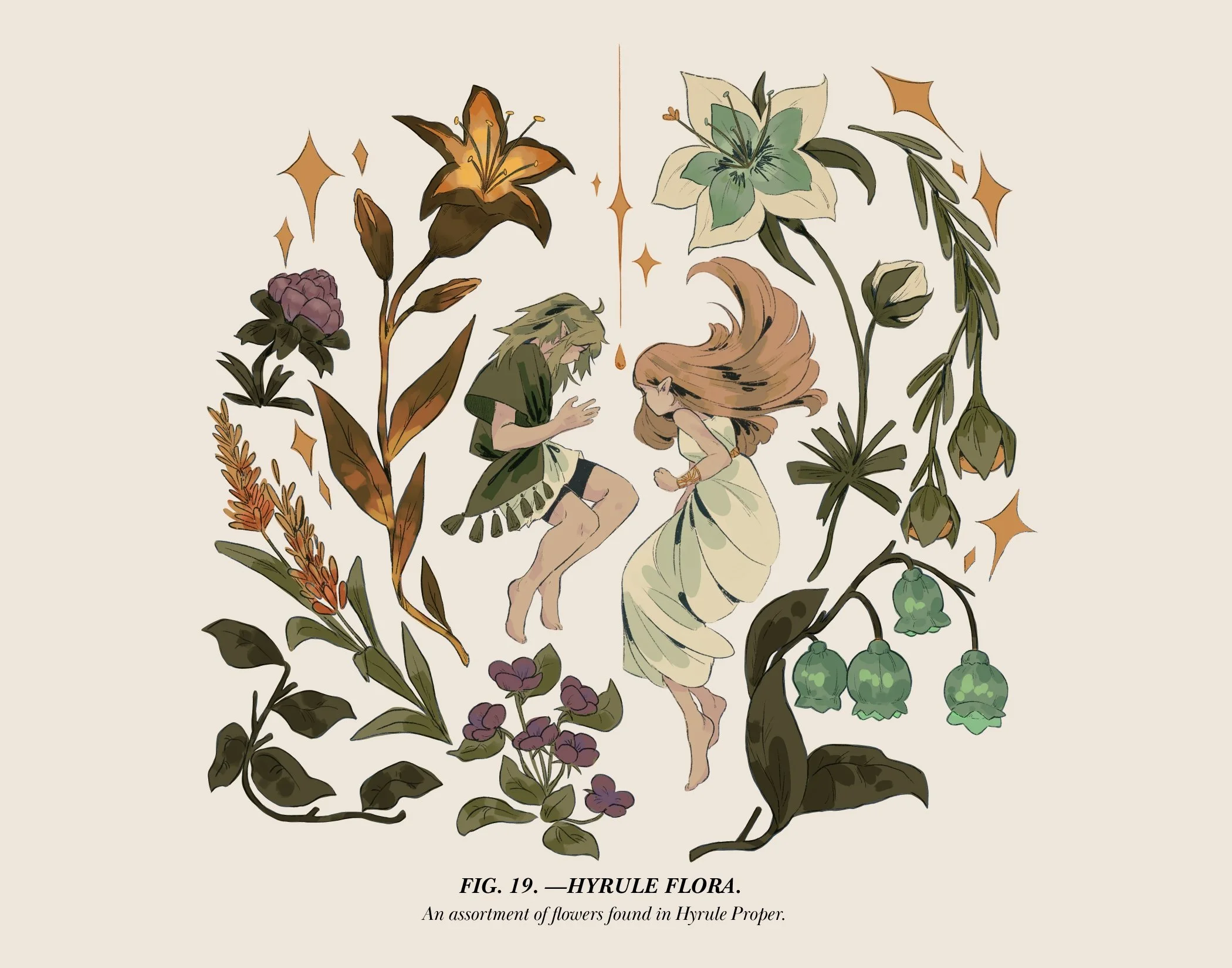 An illustration of various flowers and two children, a boy and a girl, sitting and facing each other amidst the flowers. The flowers include lilies, lilies of the valley, and other flora, surrounded by sparkles. The caption reads 'HYRULÉ FLORA. An as