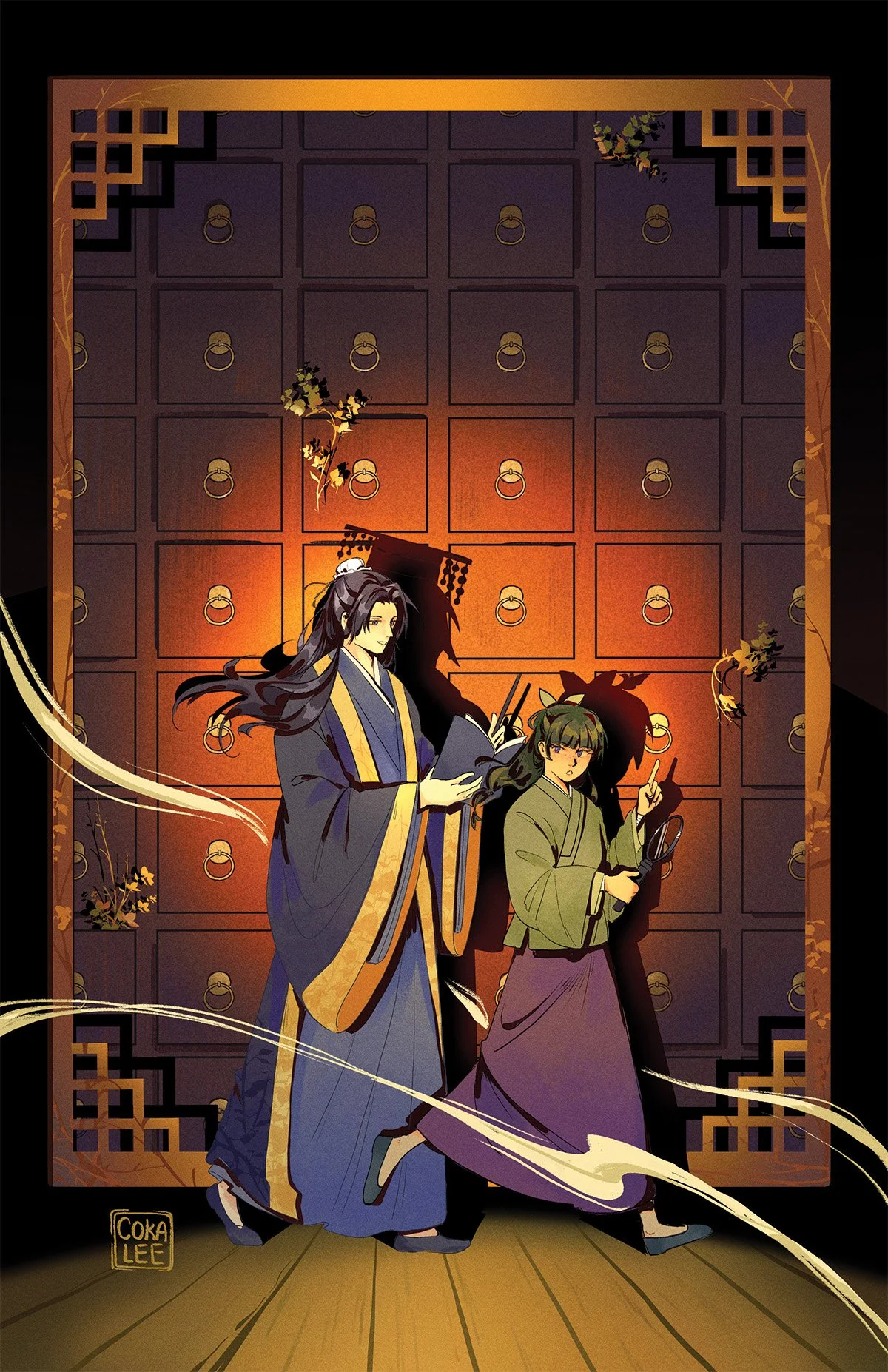 Anime-style illustration of two characters standing in front of a traditional Asian wooden door. The characters are dressed in historical clothing; one is holding an open book and the other is holding a magnifying glass. The backdrop features a warm 