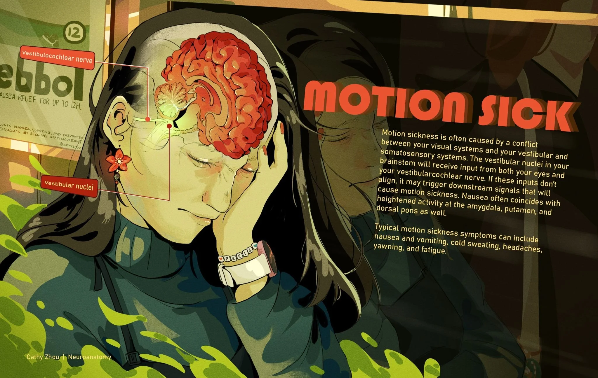 Illustration of a woman with long dark hair looking at a phone, with a brain anatomy diagram and labels of the vestibular nuclei and vestibulocochlear nerve. The image also contains educational text about motion sickness and neuroanatomy.