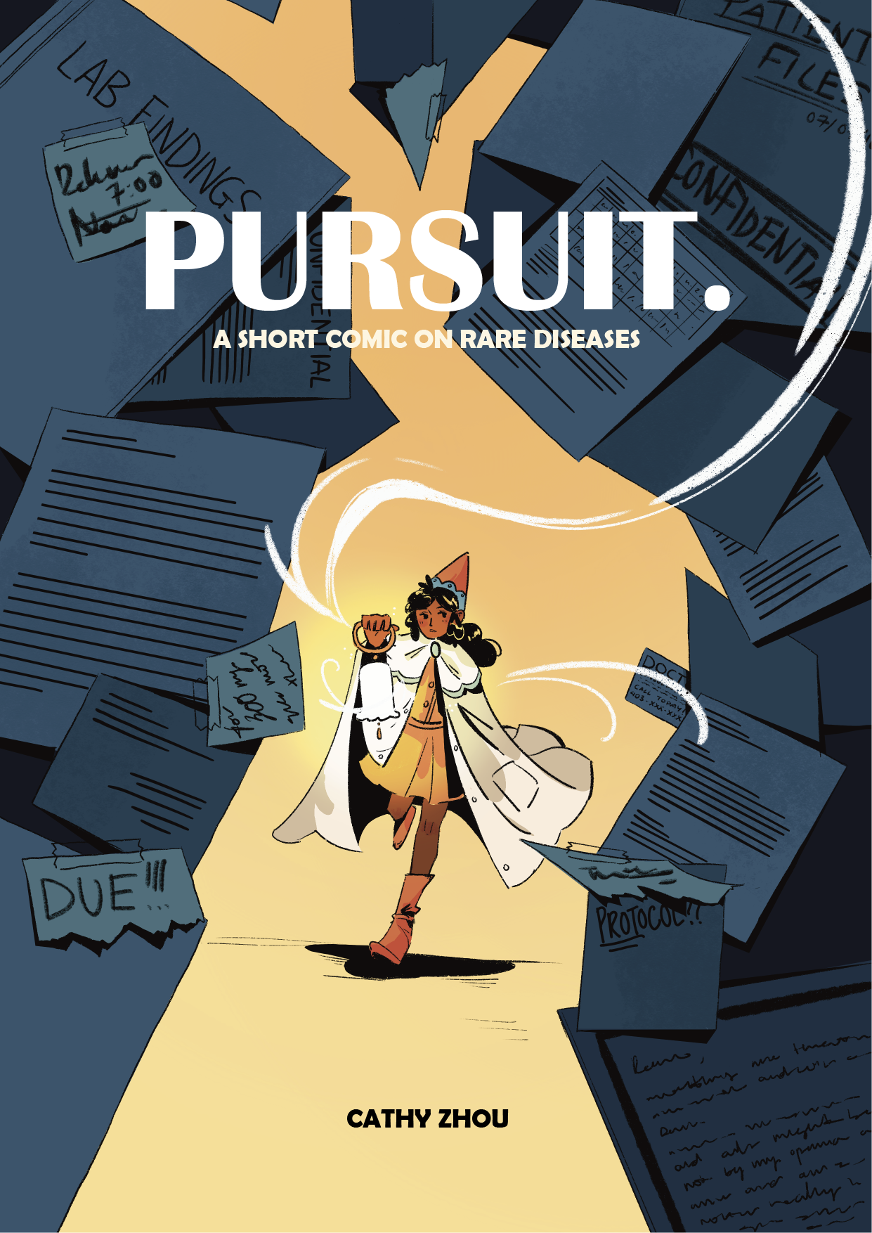 Book cover titled 'Pursuit: A Short Comic on Rare Diseases' by Cathy Zhou features an animated woman in a white coat and hat standing in the center, surrounded by scattered documents and papers with handwritten notes and notes about lab findings, pro