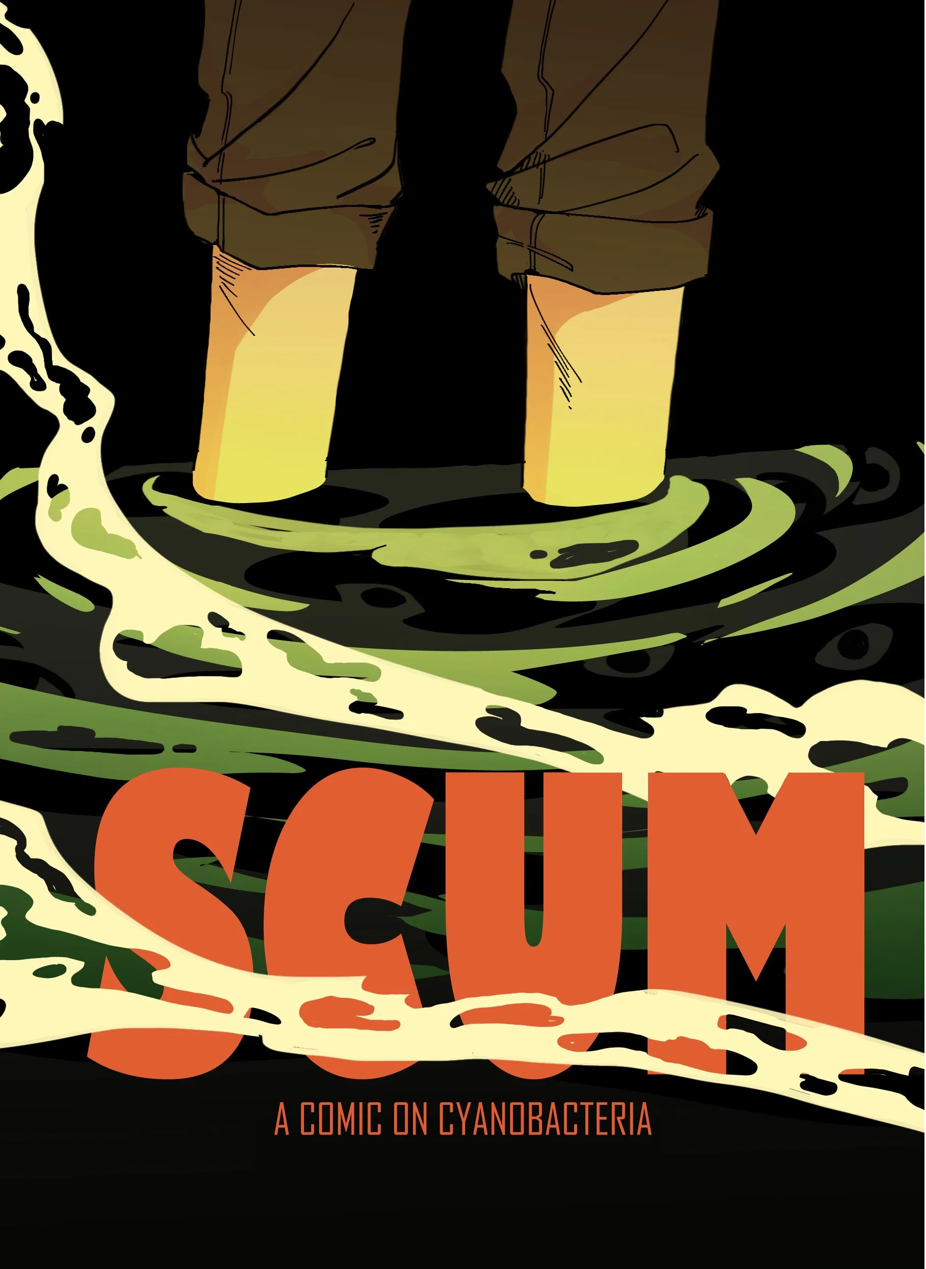Comic book cover titled 'SCUM' with bold orange letters, featuring an illustration of a person standing in water, with the text 'A comic on cyanobacteria' at the bottom.