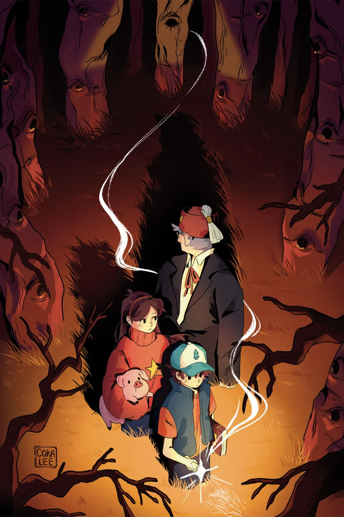 An illustration of a family gathering in a dark forest with twisted trees. The family includes a man in a suit with a hat, a woman holding a pig plush toy, and two children, one of whom is wearing a baseball cap. The scene is atmospheric with swirlin