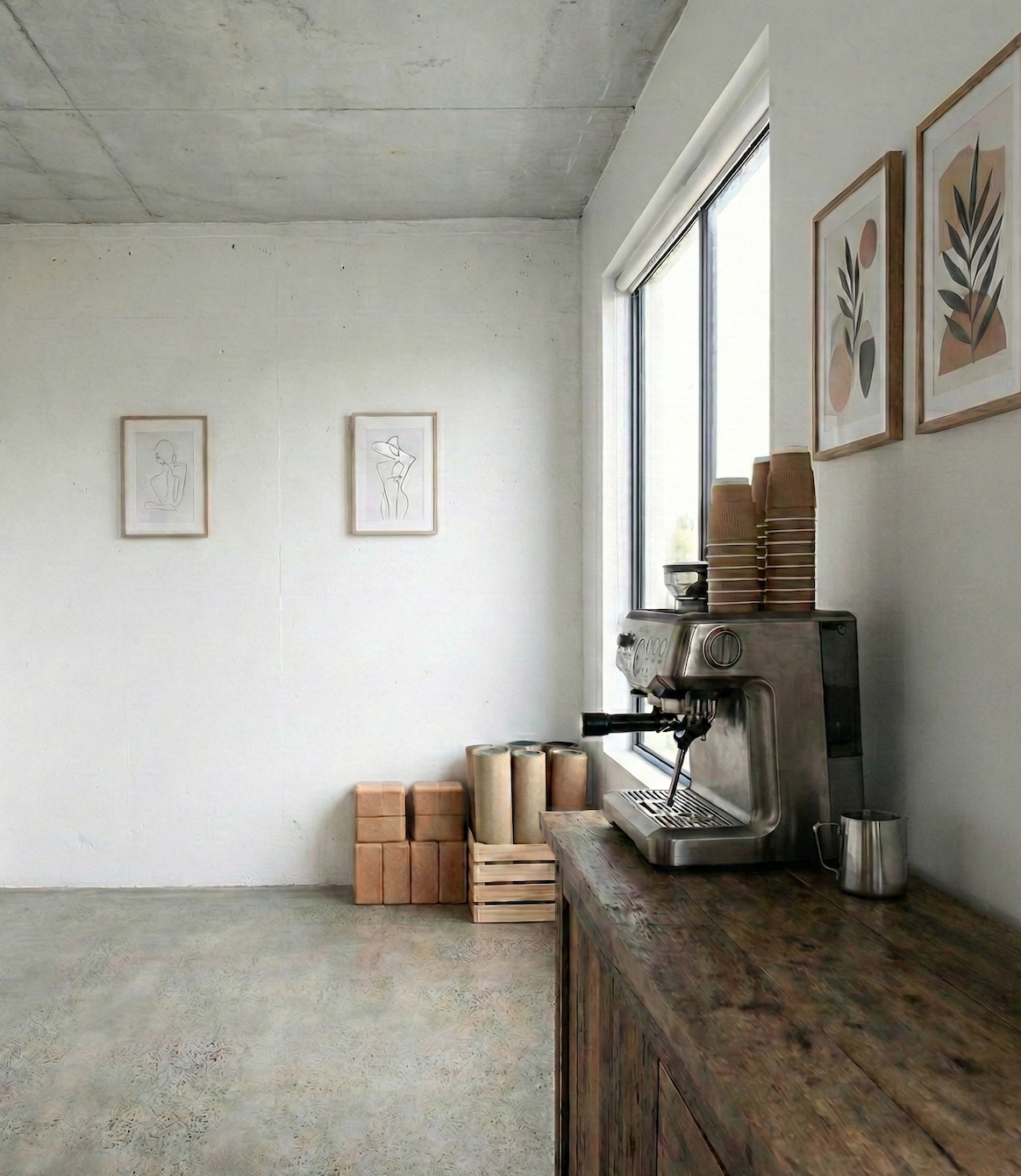 Minimalist cafe corner with a stainless steel espresso machine on a wooden counter, paper cups stacked on top, framed botanical artwork on the white wall, and a large window allowing natural light in.