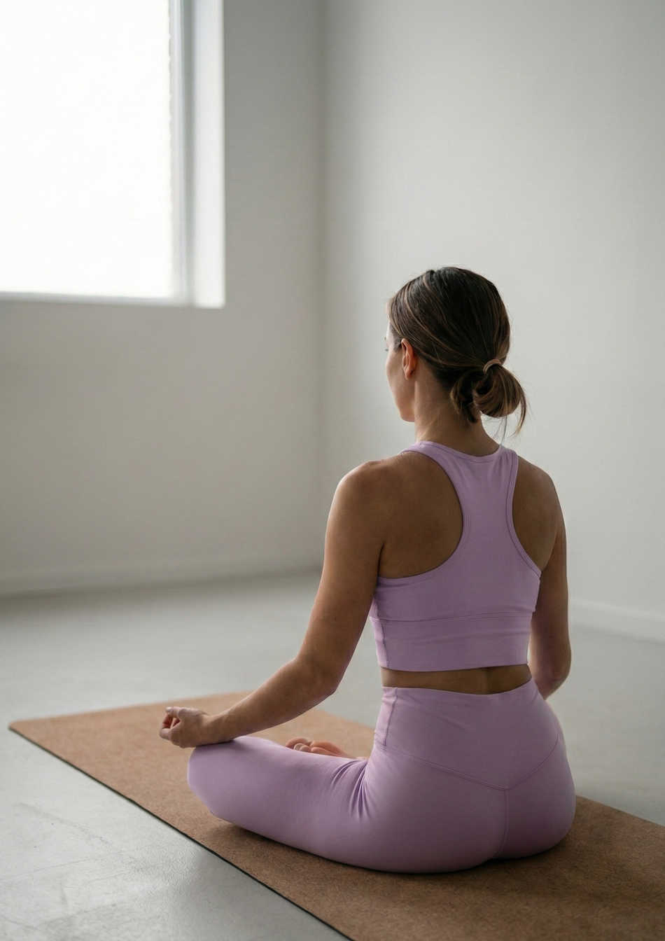 Woman practicing yoga in a room with natural light, sitting cross-legged on a yoga mat, facing a window.