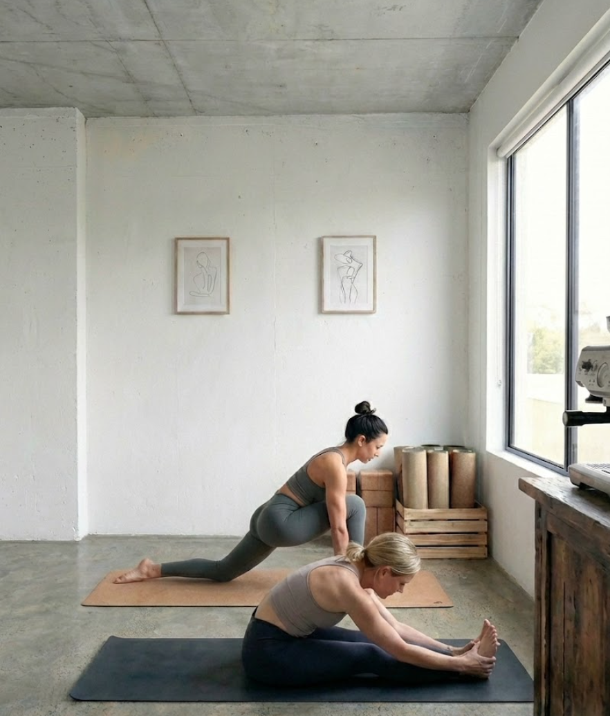 Two women practicing yoga in a minimalistic, well-lit indoor space near a large window with a white wall and framed artwork.