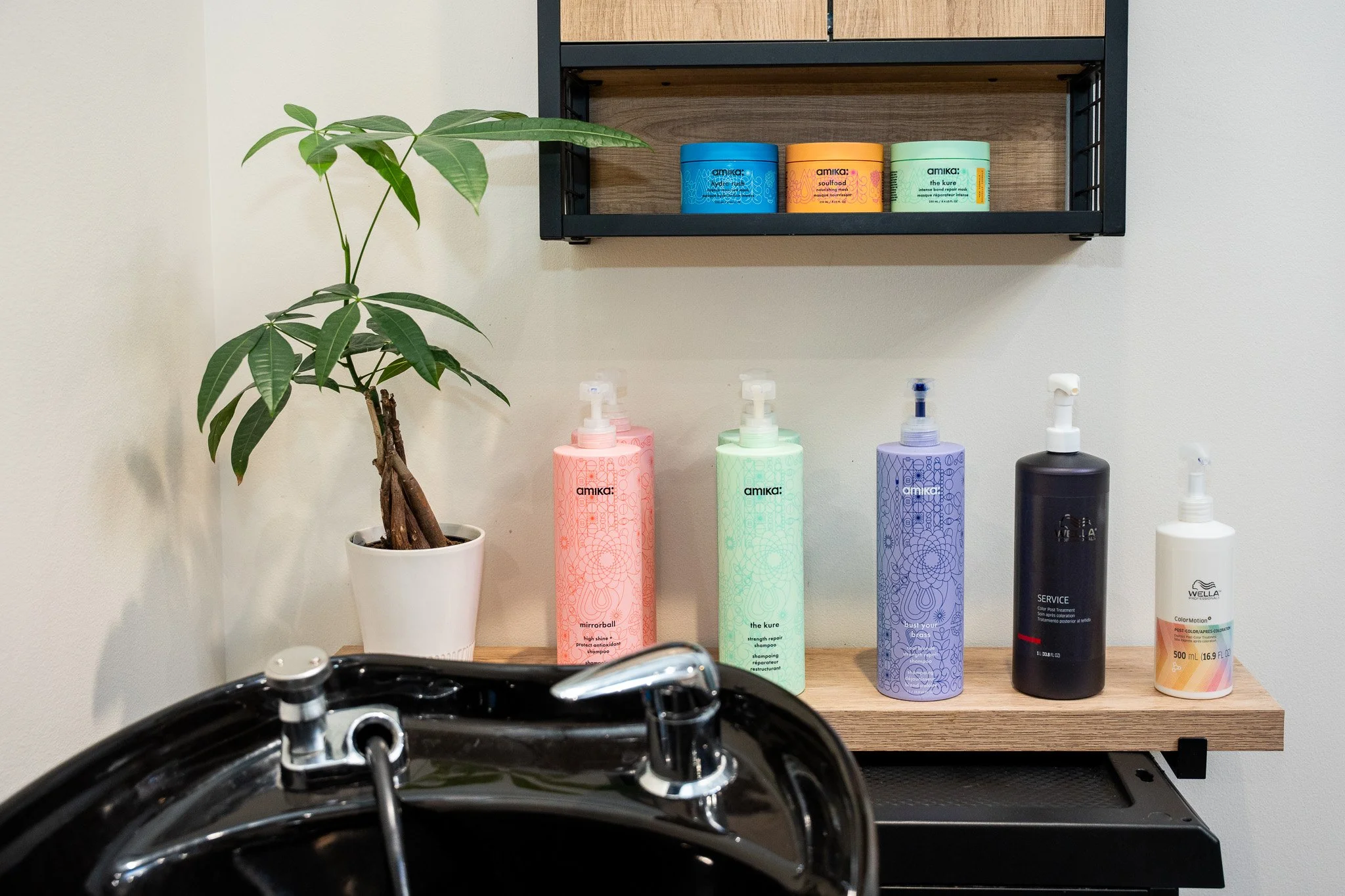 Salon shampoo station with a plant, and bottles of shampoo, conditioner, and hair masks.