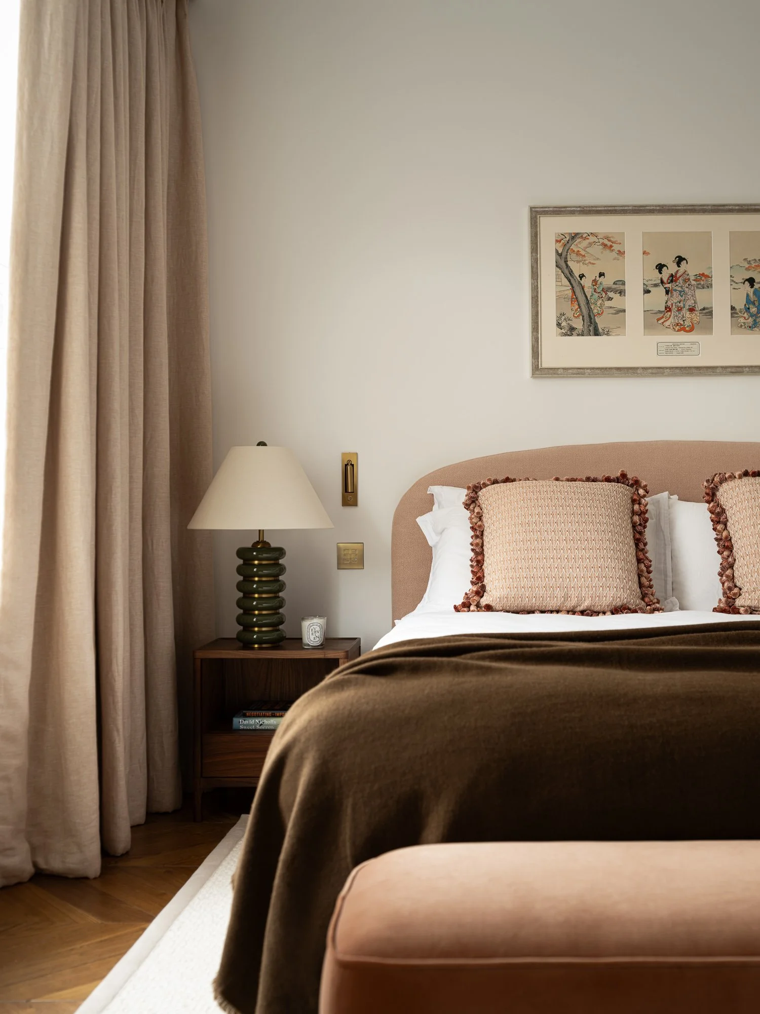 Parsons Green House | Retreat and Refinement

The principal bedroom should feel like a different register from the rest of the house &mdash; quieter, softer, more personal.

At Parsons Green, we shifted the material temperature: lighter fabrics, mute