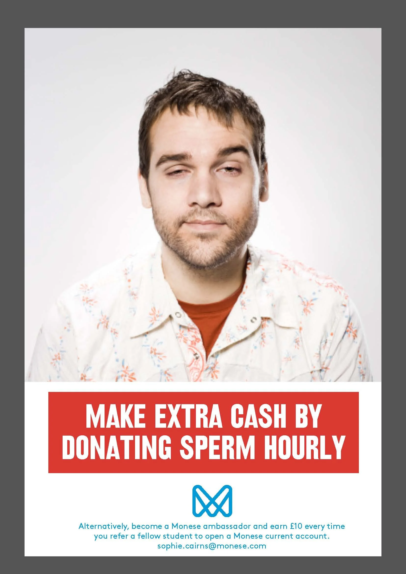 Advert for Monese - A young man with a beard, wearing a floral shirt with a red T-shirt underneath, making a slightly amused expression.